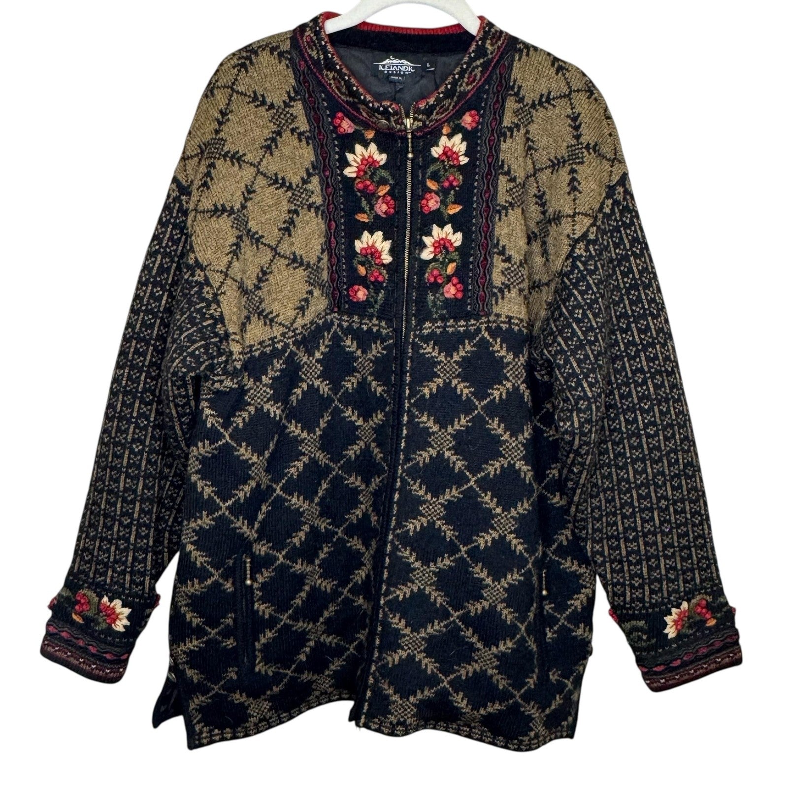 Vintage Icelandic Design Sweater Jacket Large Black Wool Zip Floral Cardigan 00s