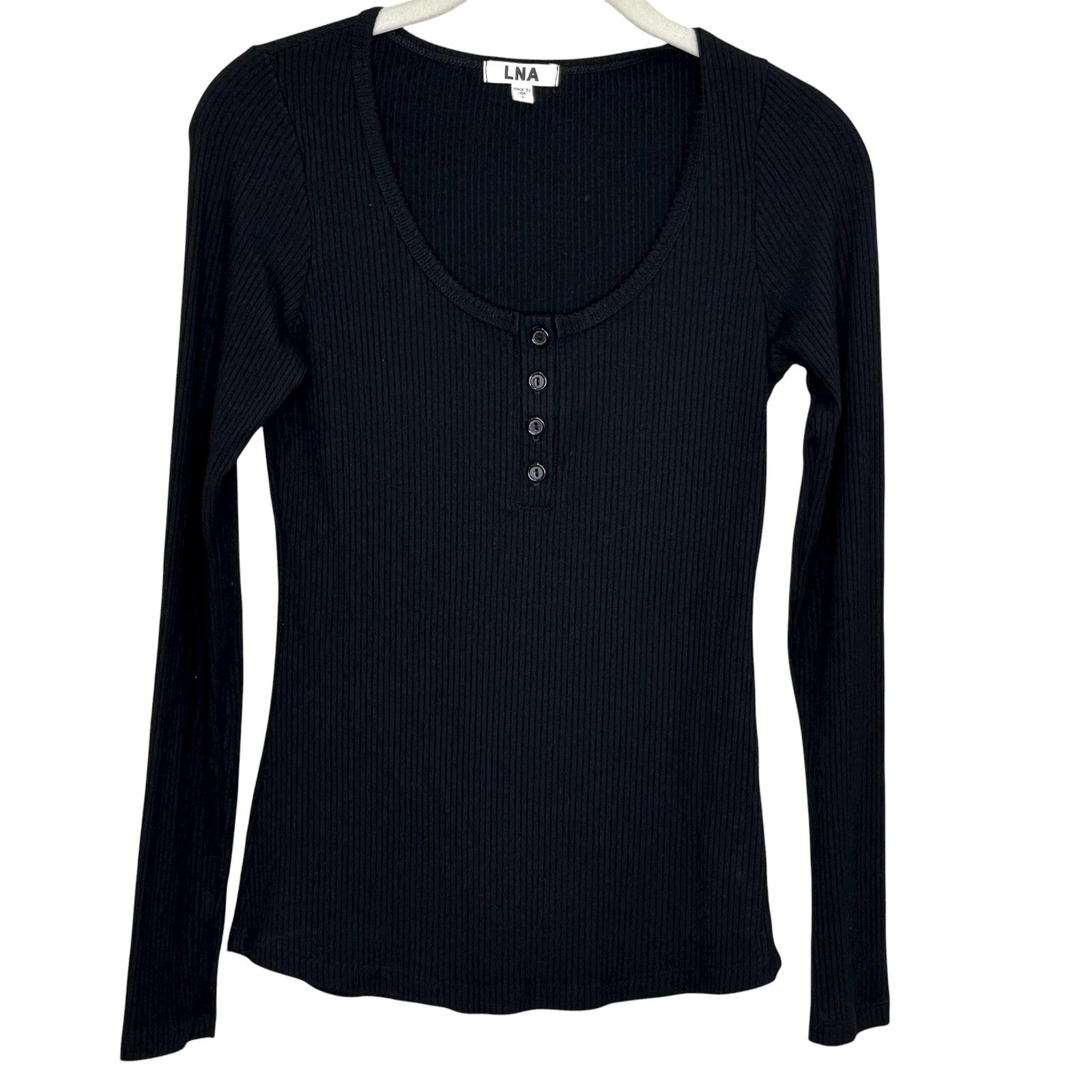 LNA Shirt Womens Small Black Ribbed Long Sleeve Henley Scoop Neck Modal Made USA