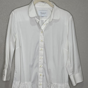 THESHIRT Rochelle Behrens Shirt Dress Womens Medium White Drop Waist Ruffle Hem