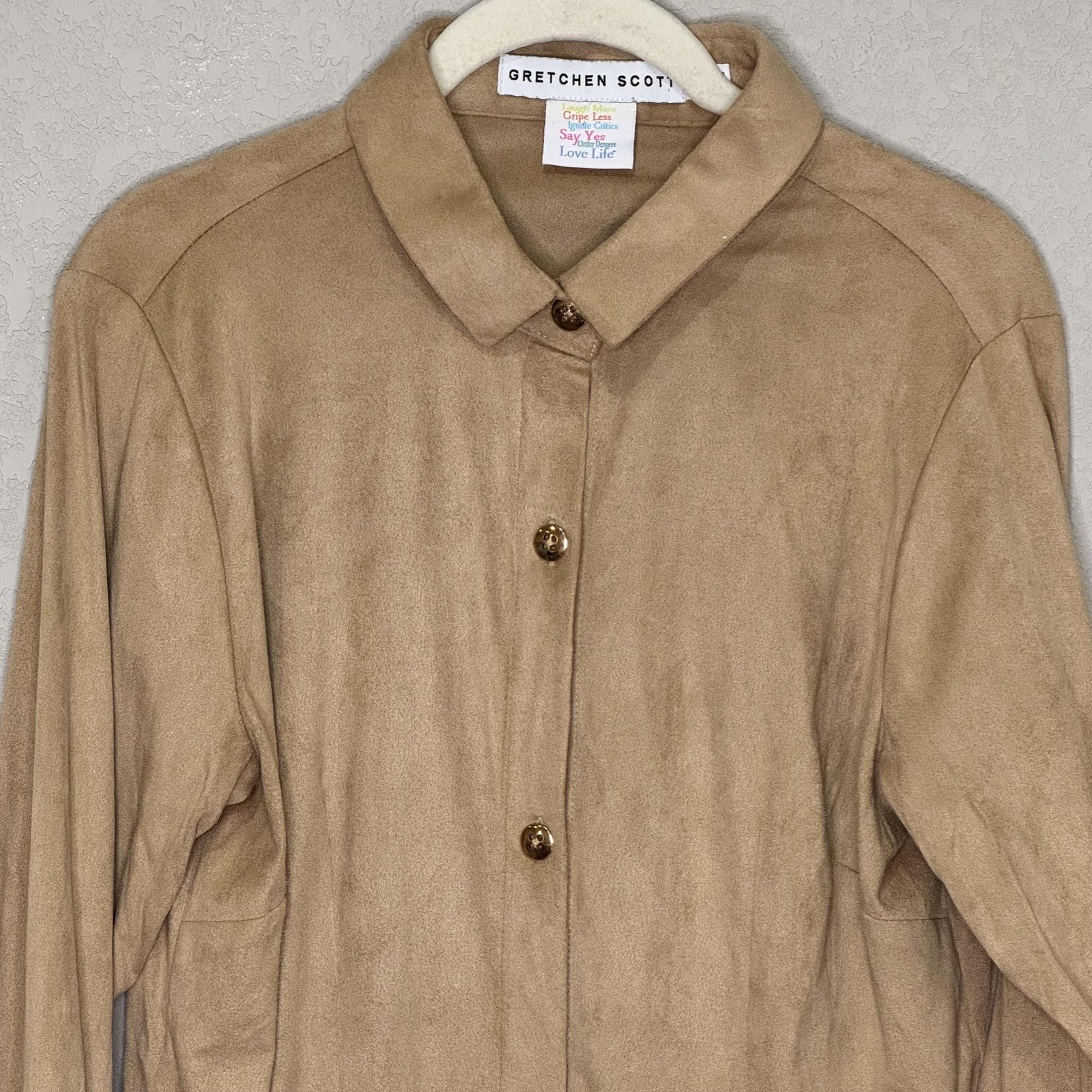 Gretchen Scott Shirt Womens Medium Tan Button Front Ruffle Cuff Tunic Blouse