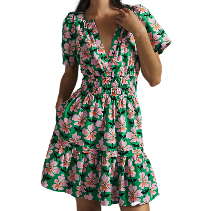 Anthropologie Somerset Dress Large Floral Boho Mini Short Sleeve Pockets