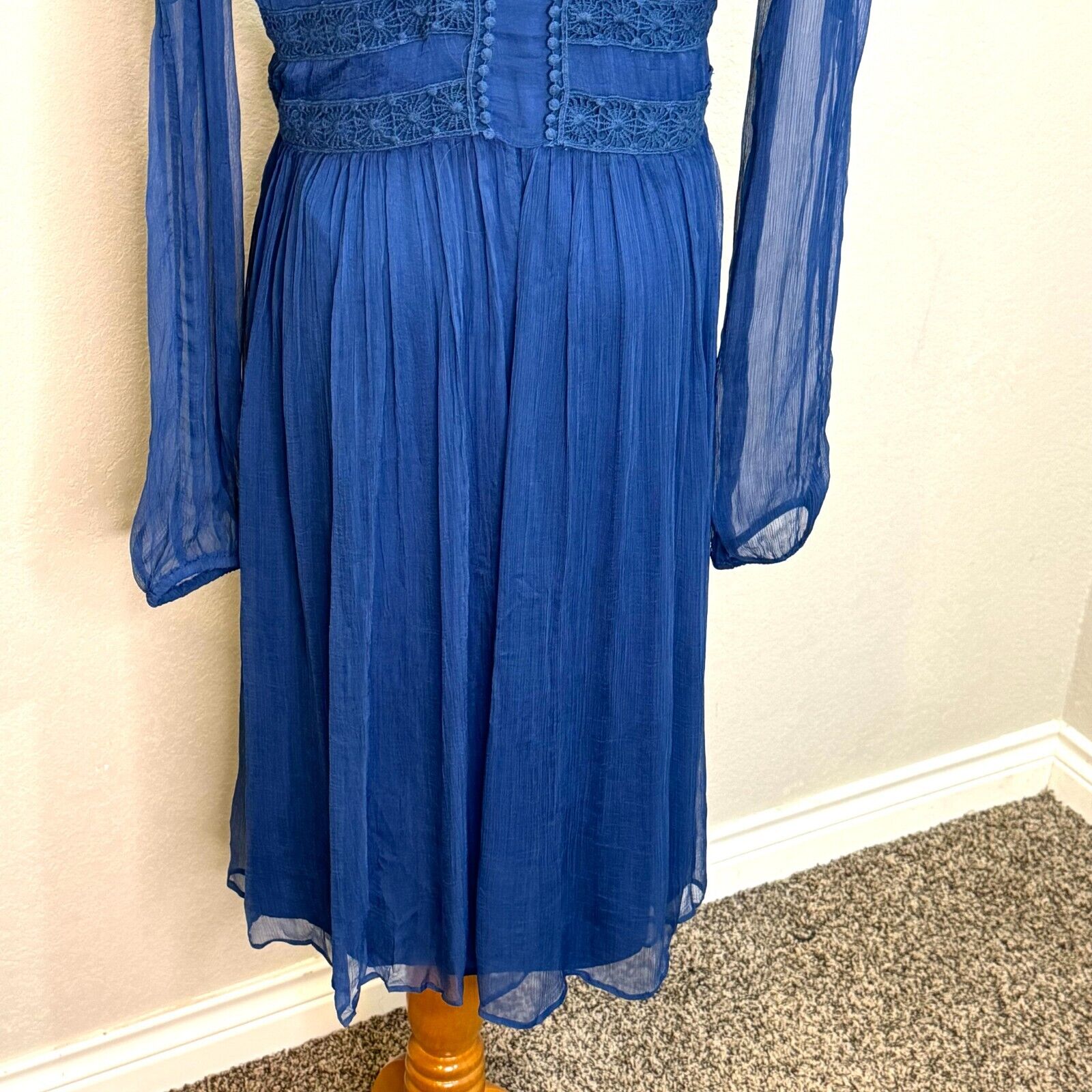 Sundance Time After Time Blue Lapis Sheer Lace Long Sleeve Slip Dress Size 12