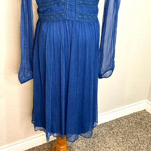 Sundance Time After Time Blue Lapis Sheer Lace Long Sleeve Slip Dress Size 12