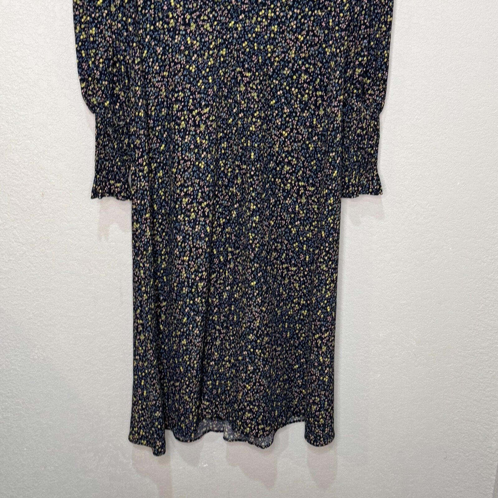 Boden Midi Dress Black Size 8 Smocked Cuff Ditsy Floral Long Sleeve