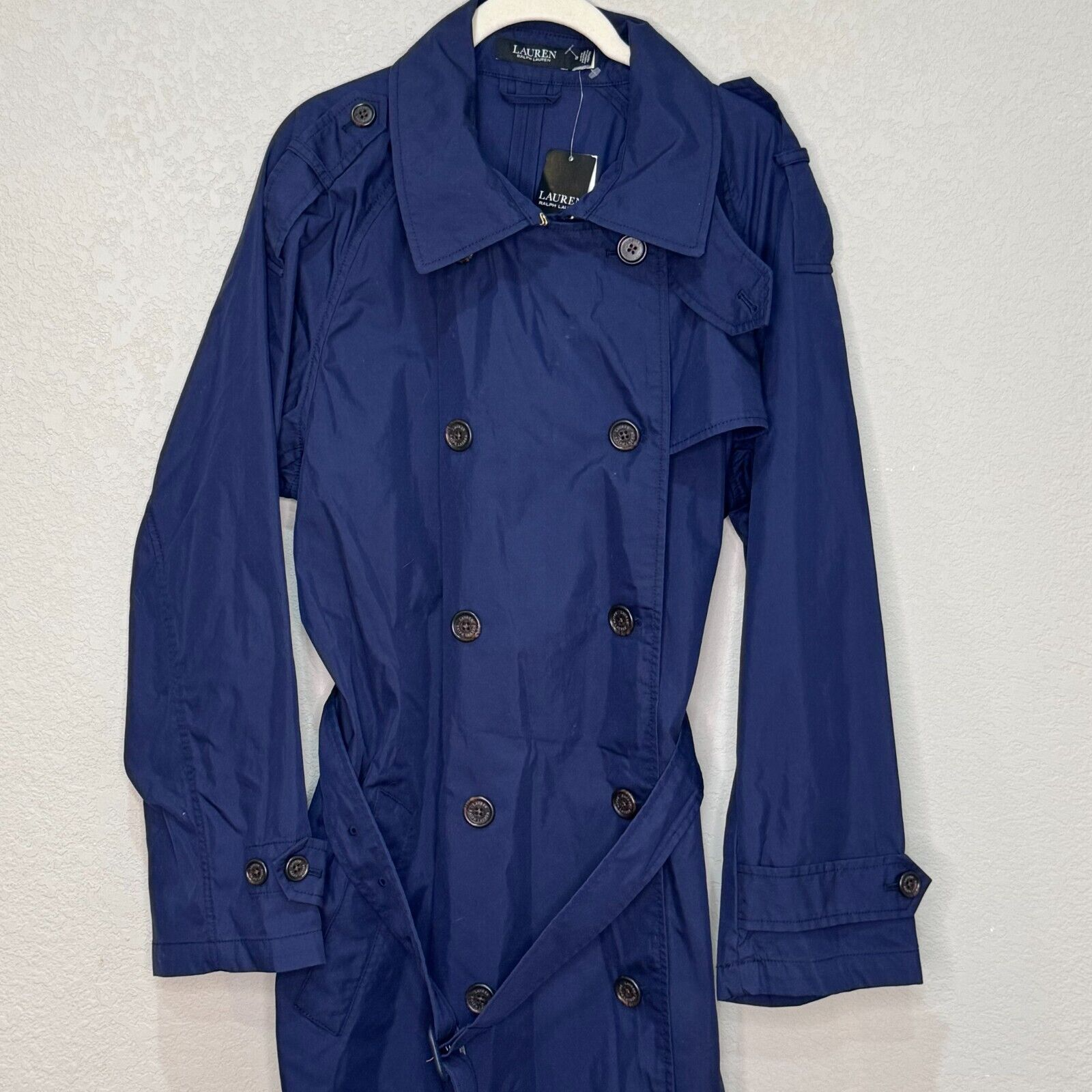 Lauren Ralph Lauren Navy Trench Coat Jacket Size 10 NEW Cotton Blend Twill Str