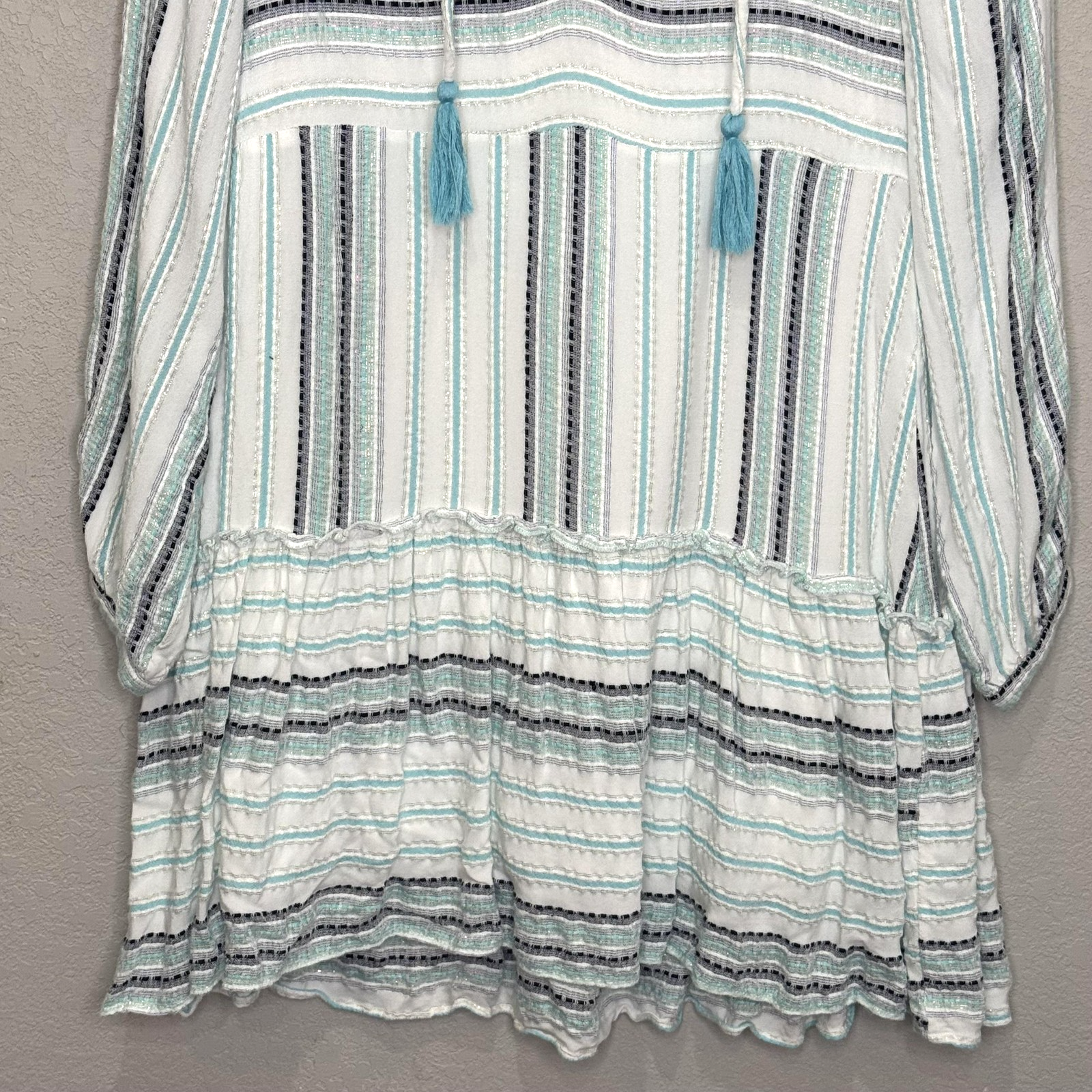 Allison New York Dress Womens Small Blue White Striped Boho Tassel Mini Lined