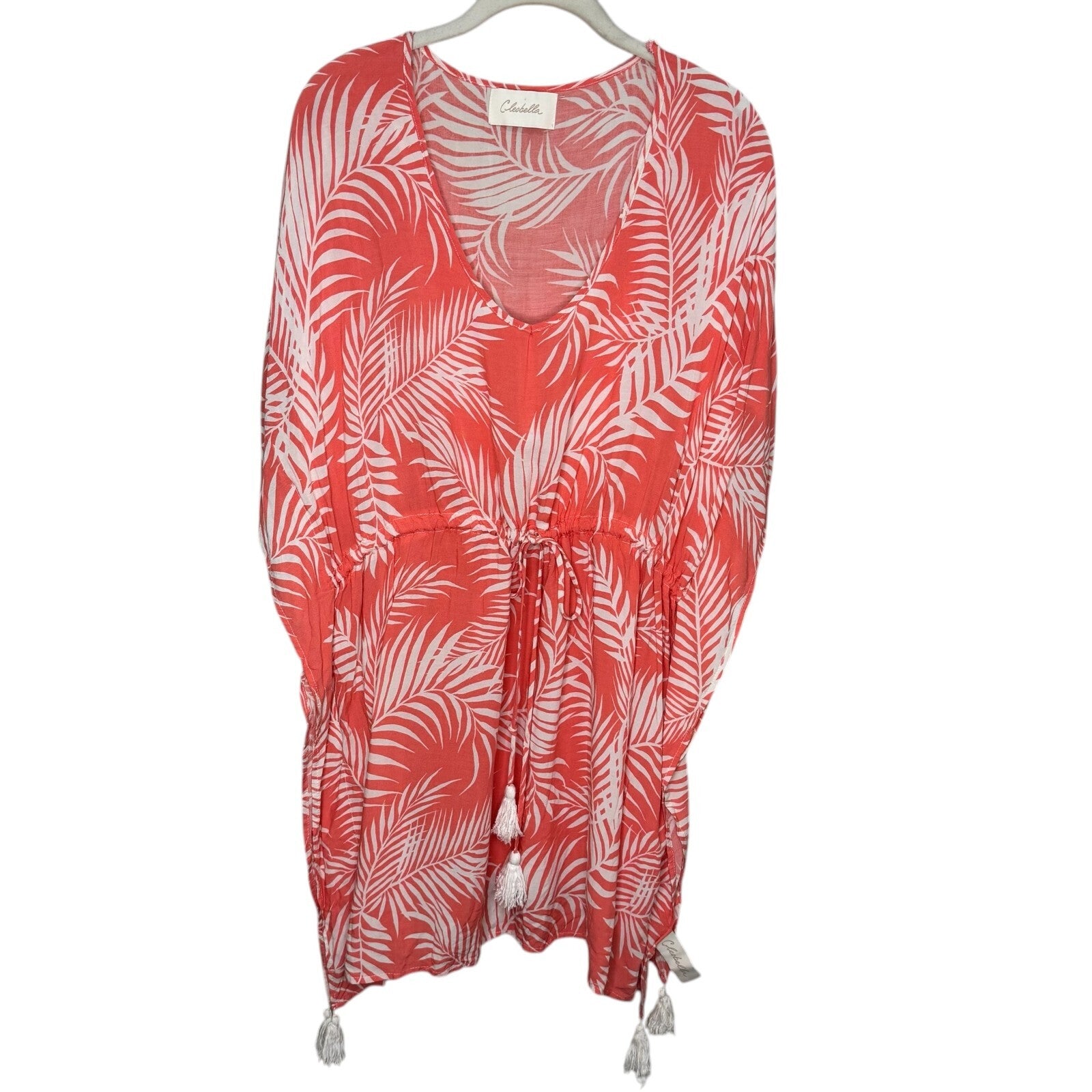 Cleobella Dreamy Sunset Swim Cover-Up  One Size Tassels Palm Print Coral White
