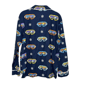 PJ Salvage Pajama Set Womens Small Blue Ski Goggle Print Flannel Top Pants Cozy