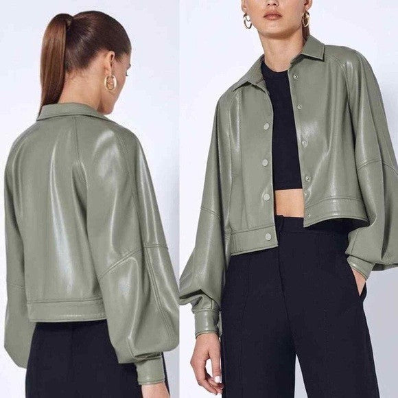 Alexis Jacket Womens Medium Sage Faux Leather Cropped Snap Front Puff Sleeves