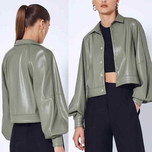 Alexis Jacket Womens Medium Sage Faux Leather Cropped Snap Front Puff Sleeves