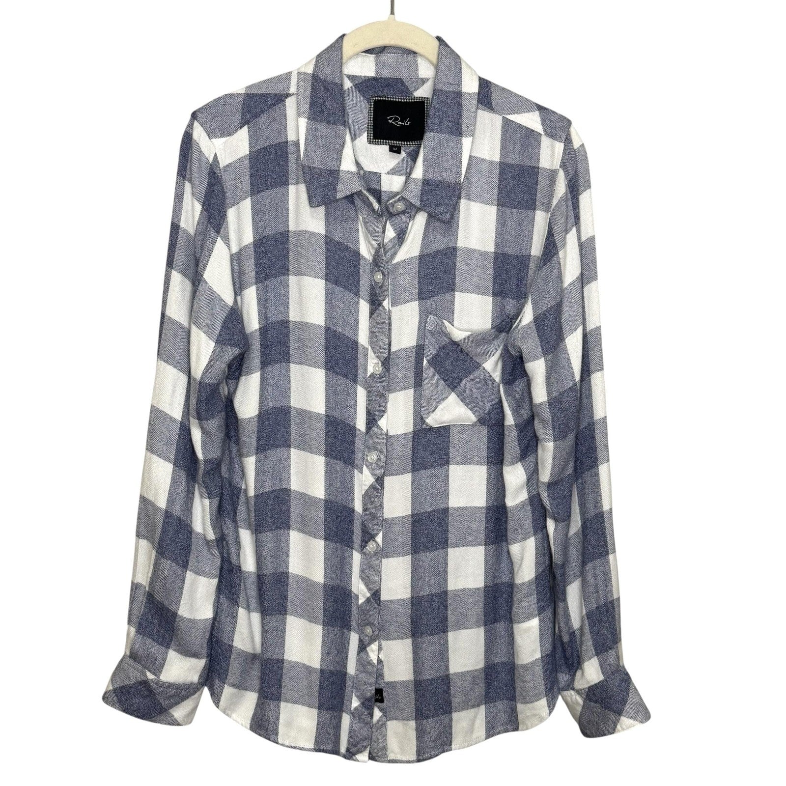 Rails Shirt Womens Medium Blue White Buffalo Plaid Button Up Long Sleeve Rayon