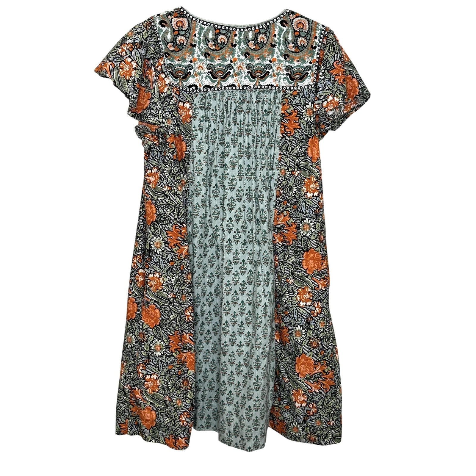 Anthropologie Dress Womens Small Boho Floral Paisley Tunic Pockets Orange Green