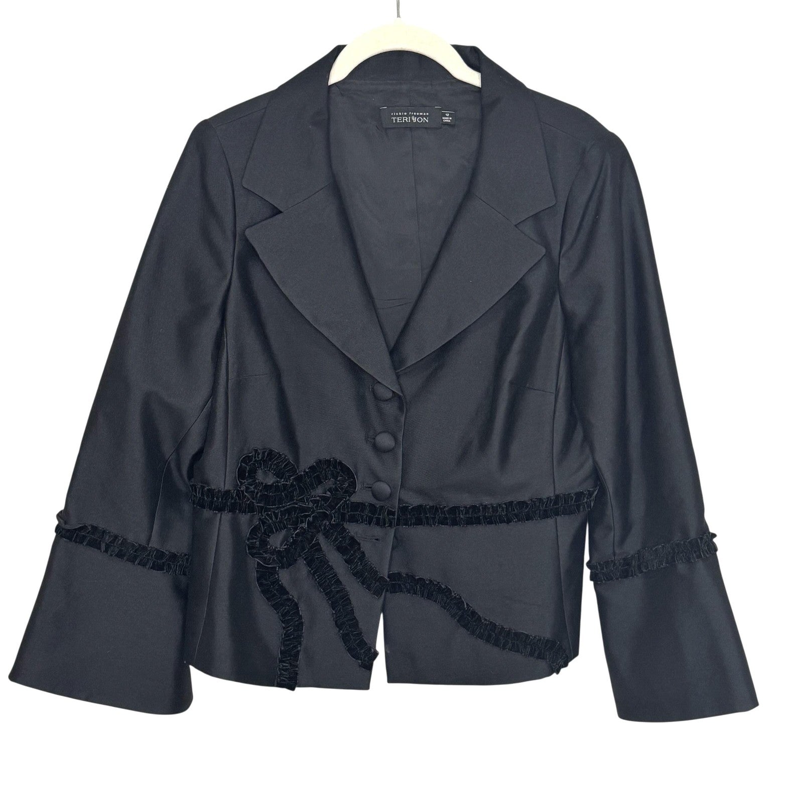 Teri Jon Blazer Womens 12 Black Silk Wool Blend Button Up Bow Trim Suit Jacket