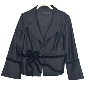 Teri Jon Blazer Womens 12 Black Silk Wool Blend Button Up Bow Trim Suit Jacket