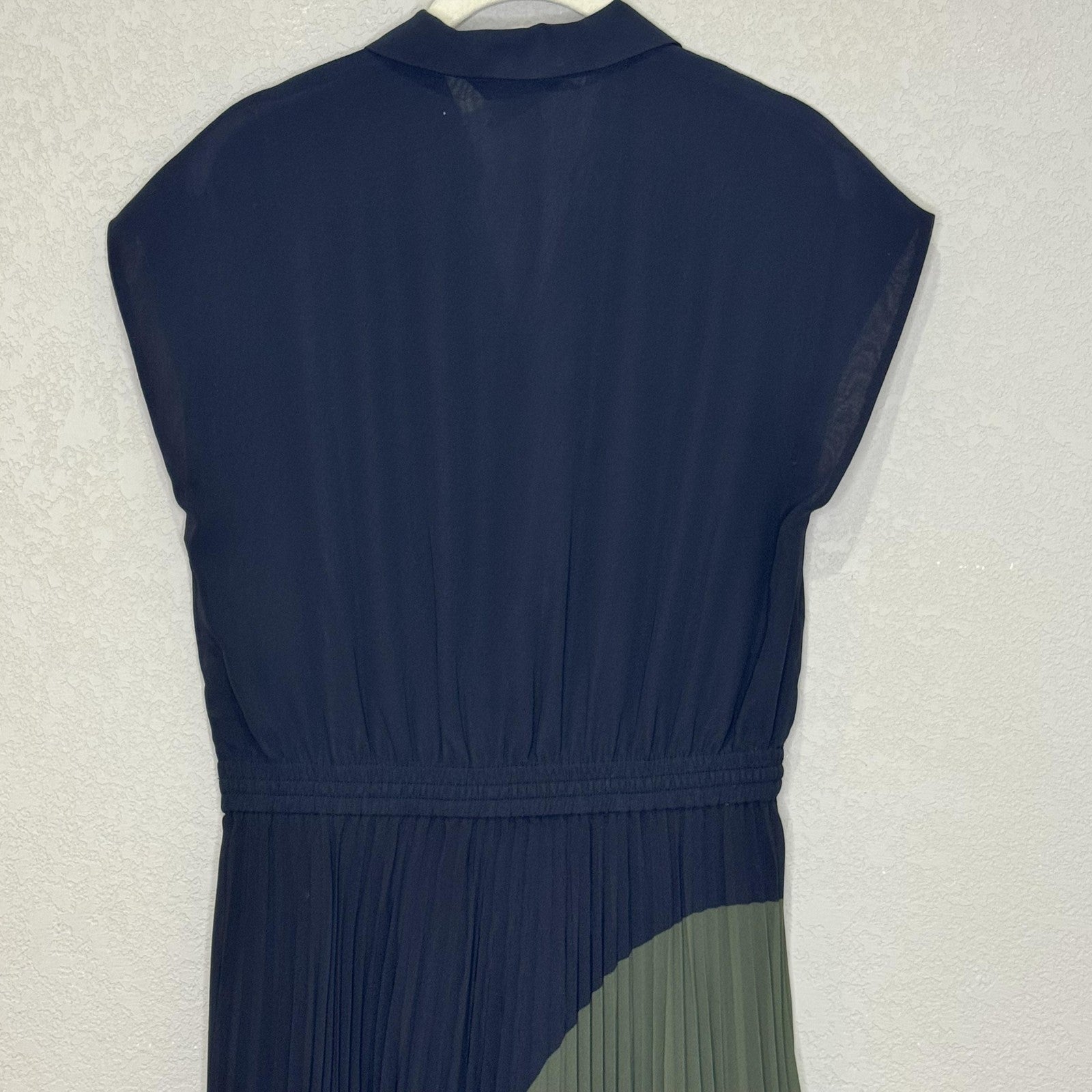 Club Monaco Shoanah Dress 2 Black Olive Pleated Colorblock Midi Shirt Collared