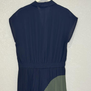 Club Monaco Shoanah Dress 2 Black Olive Pleated Colorblock Midi Shirt Collared