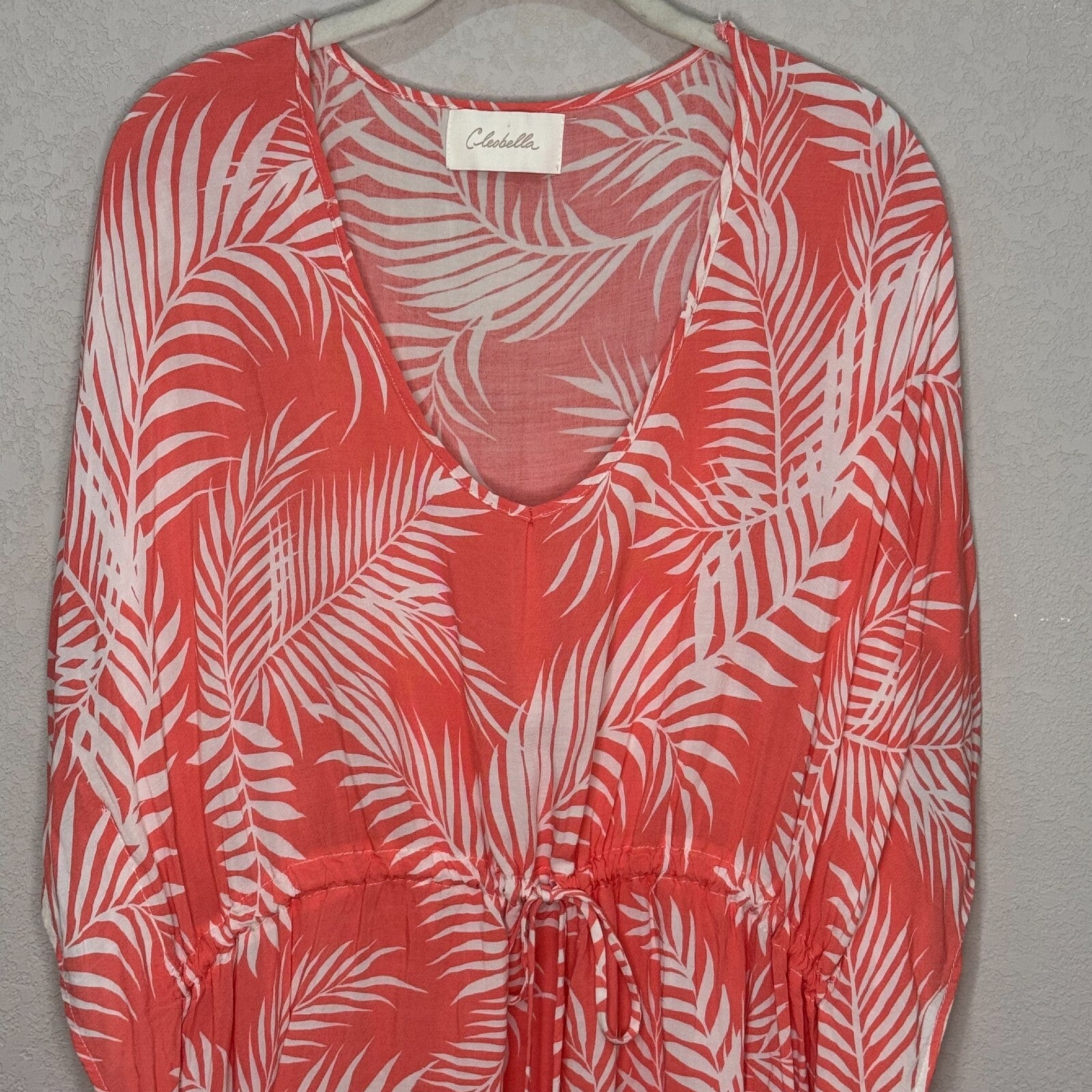 Cleobella Dreamy Sunset Swim Cover-Up  One Size Tassels Palm Print Coral White