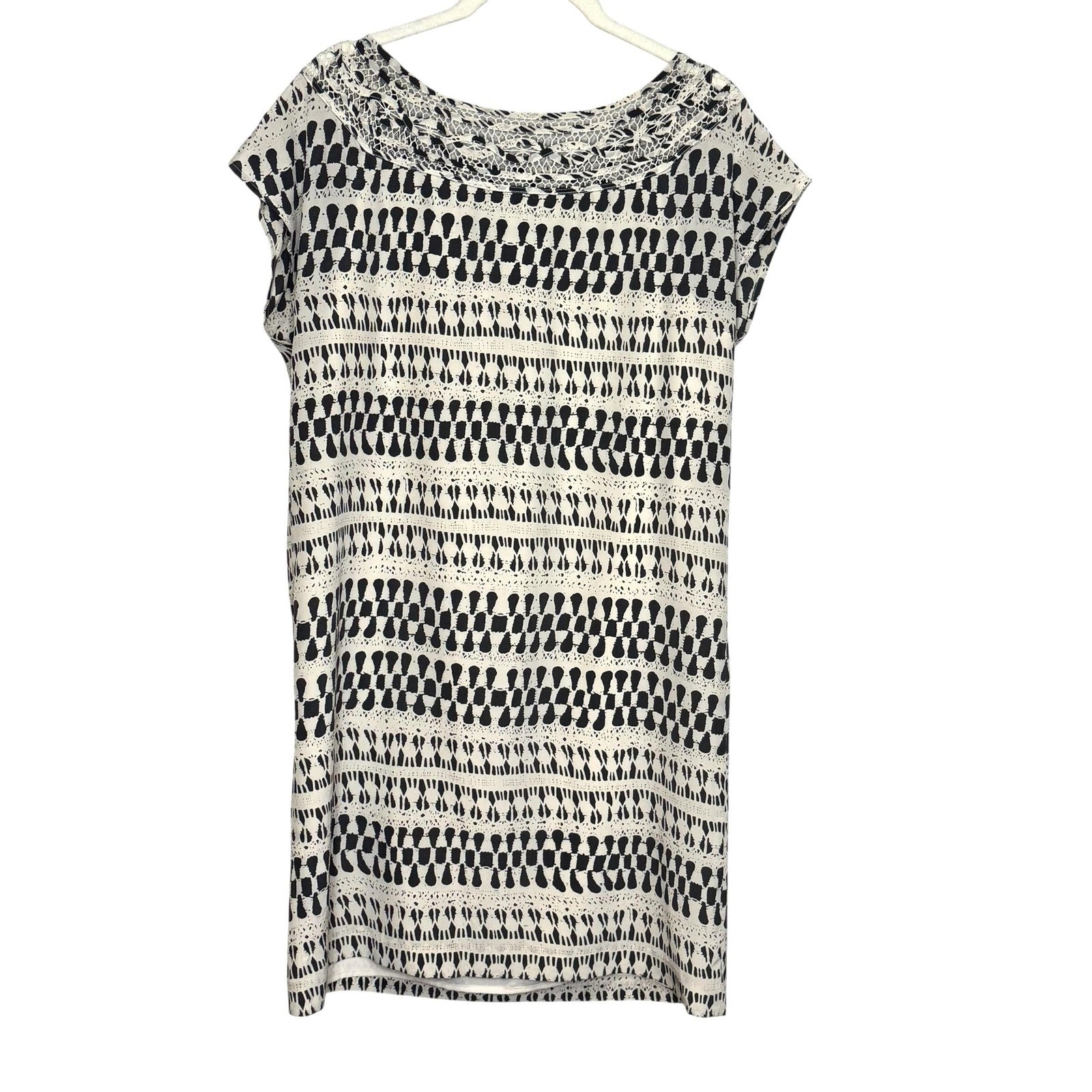 Club Monaco Dress Small Black White Silk Crochet Neckline Patterned Y2K