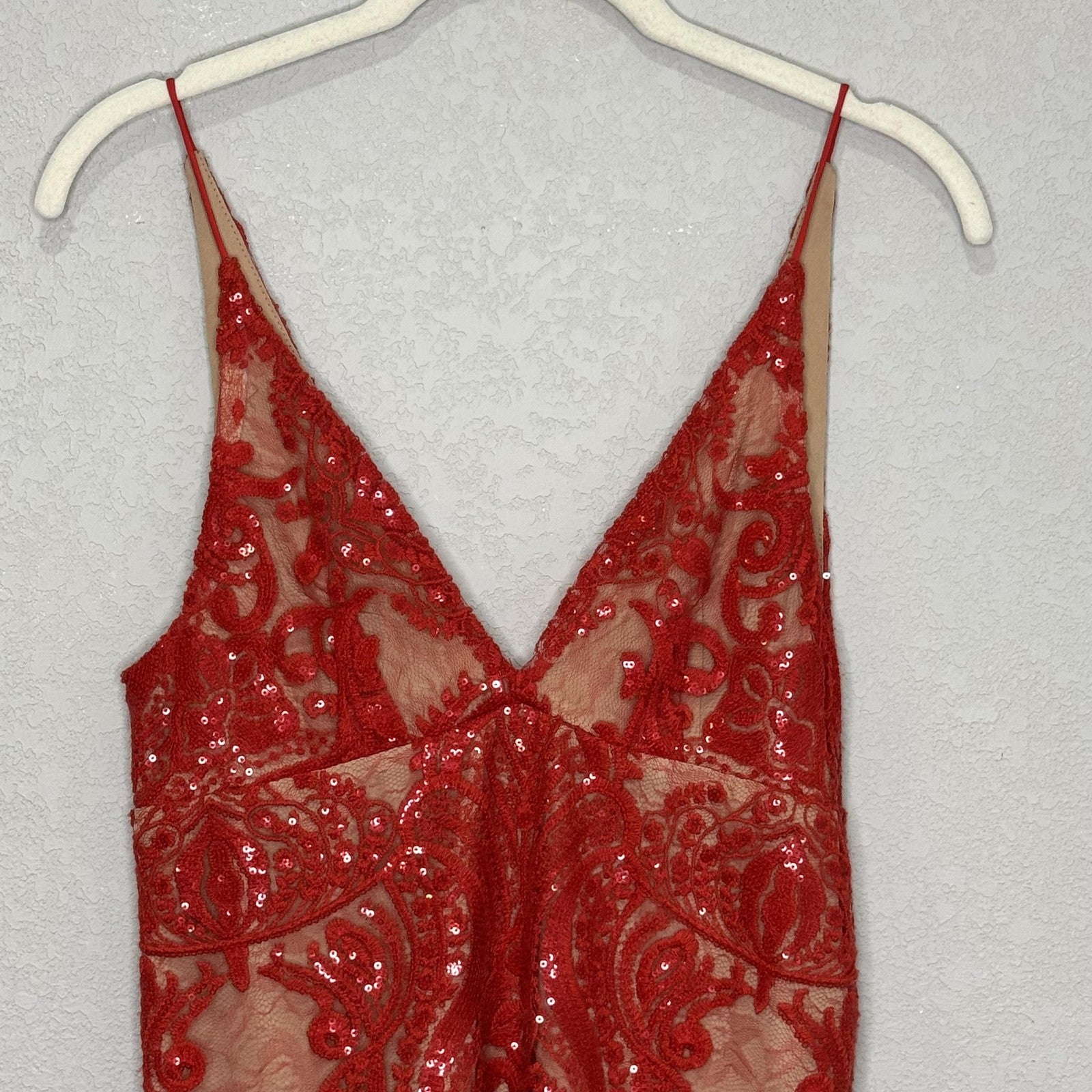 Free People Romper Womens 0 Red Sequin Lace Mesh V Neck Spaghetti Straps Mini
