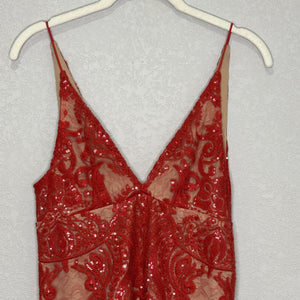 Free People Romper Womens 0 Red Sequin Lace Mesh V Neck Spaghetti Straps Mini