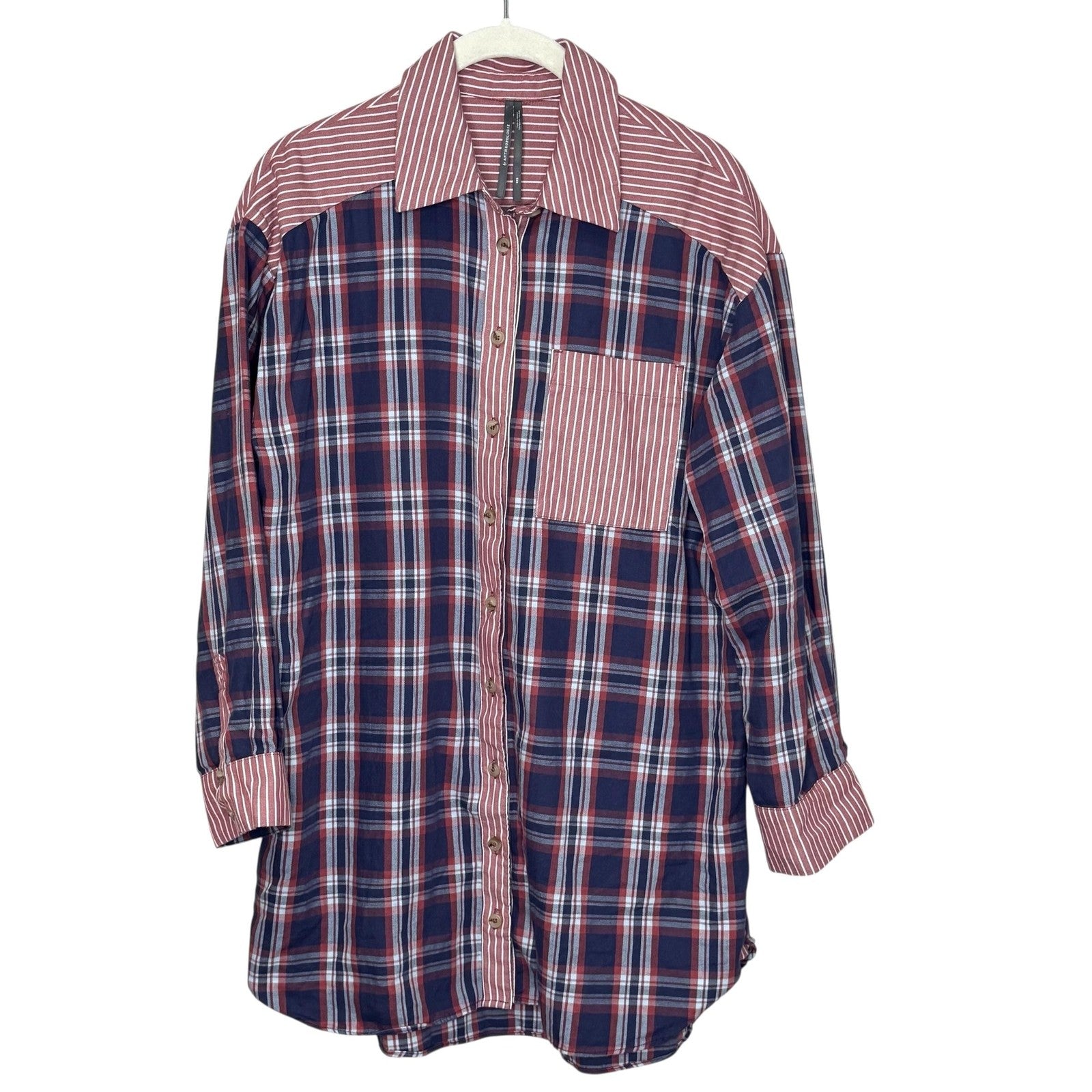 Anthropologie Shirt  XXS XS S Navy Red Plaid Stripe Button Front Oversized