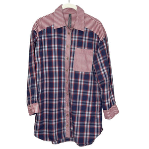 Anthropologie Shirt  XXS XS S Navy Red Plaid Stripe Button Front Oversized