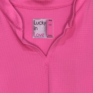 Lucky in Love Shirt Womens Large Pink Short Sleeve Ruched Pullover Tennis Top