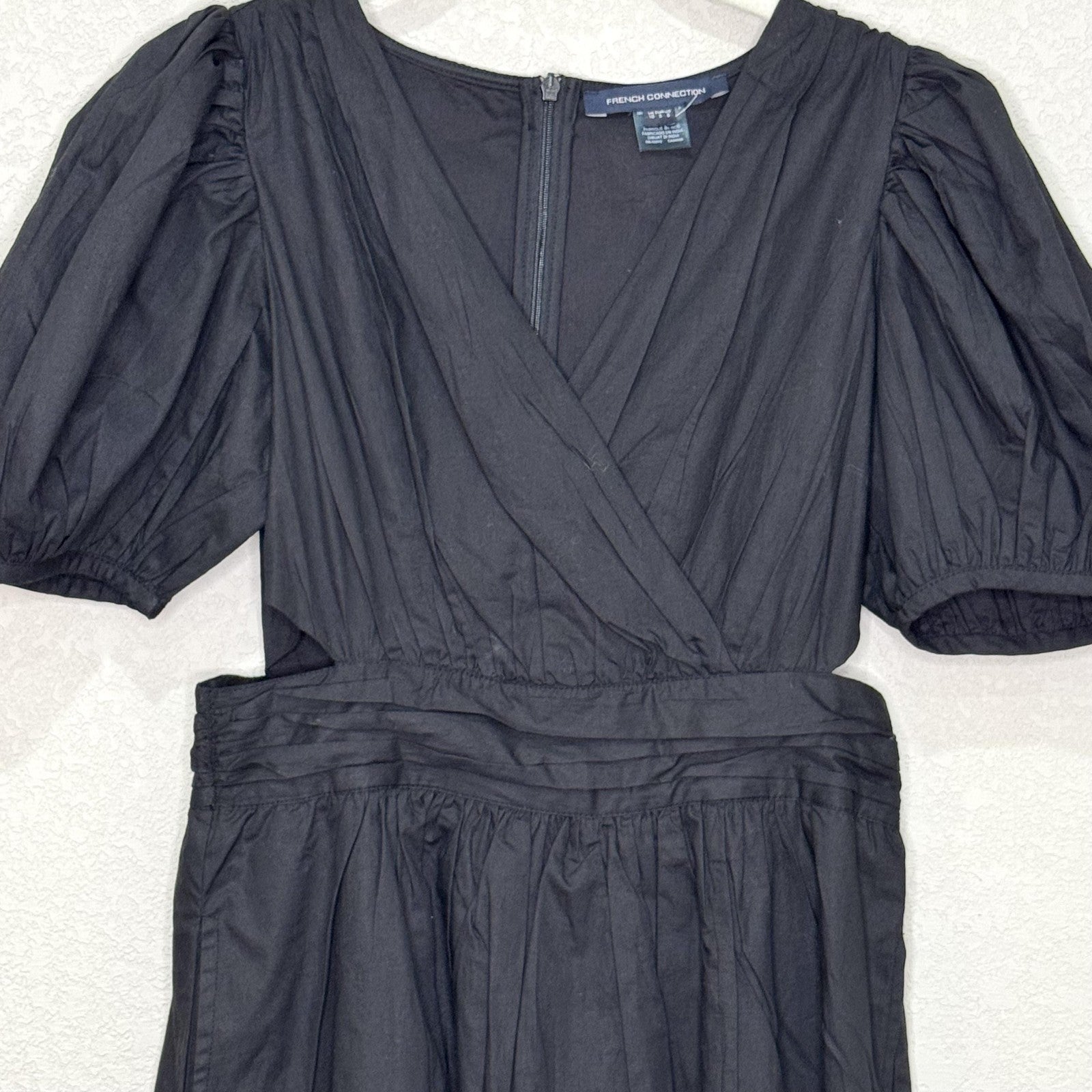 French Connection Dress Womens 6 Black Puff Sleeve Organic Cotton Pockets New
