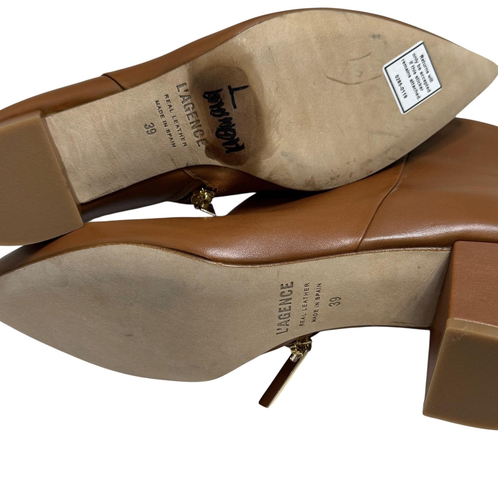 L'Agence Jeanne Boots Womens Size 39 Brown Leather Pointed Toe Block Heel Spain