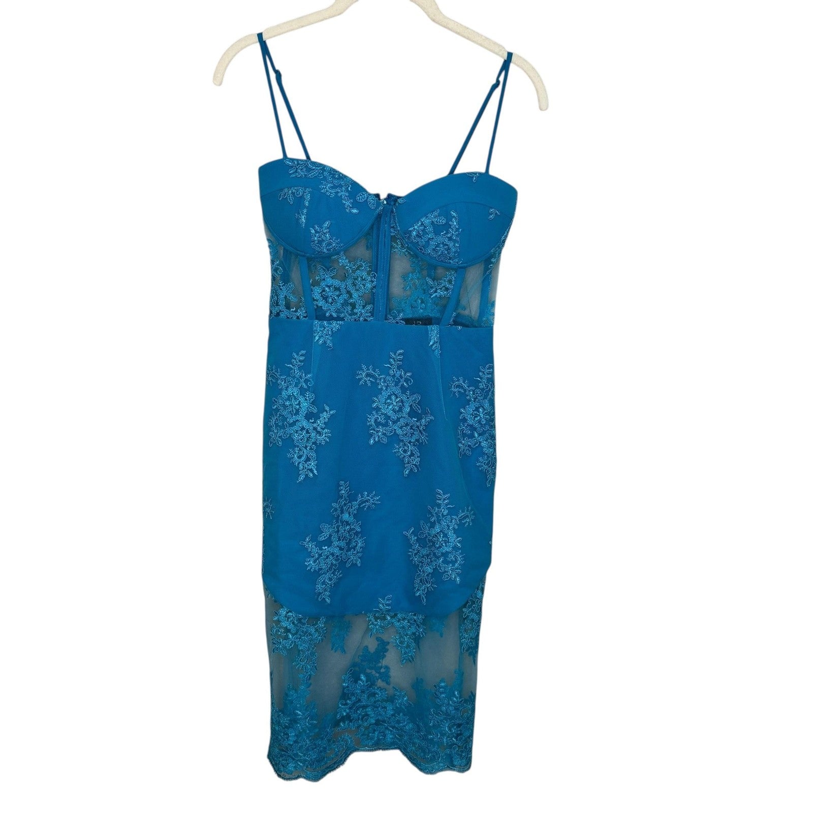 NBD Dress Womens XS Blue Lace Mesh Sheer Floral Embroidered Bustier Midi Strappy