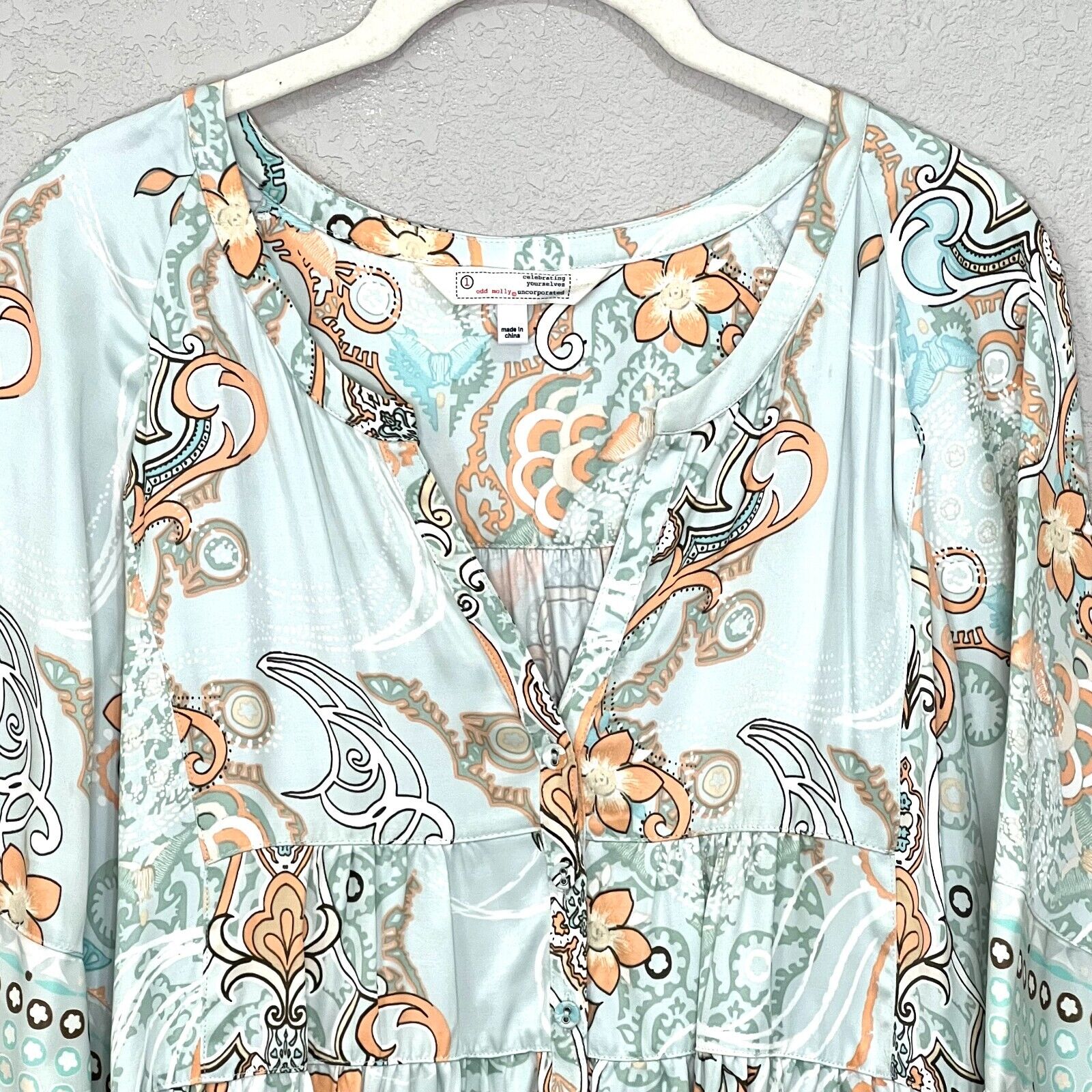 Odd Molly Mint Green Peach Floral Paisley Top Blouse Size Small (1)