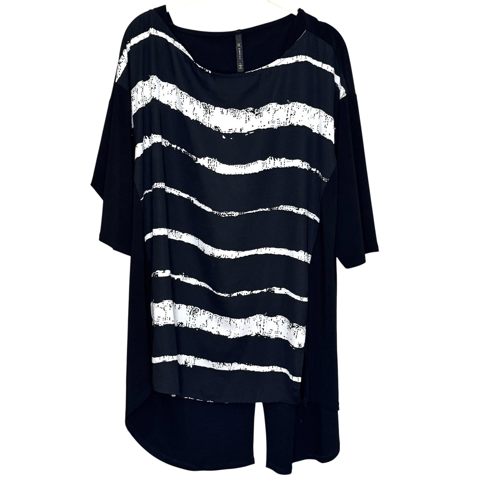 IC by Connie K Shirt Womens Large Black White Striped Oversized Tunic Made USA