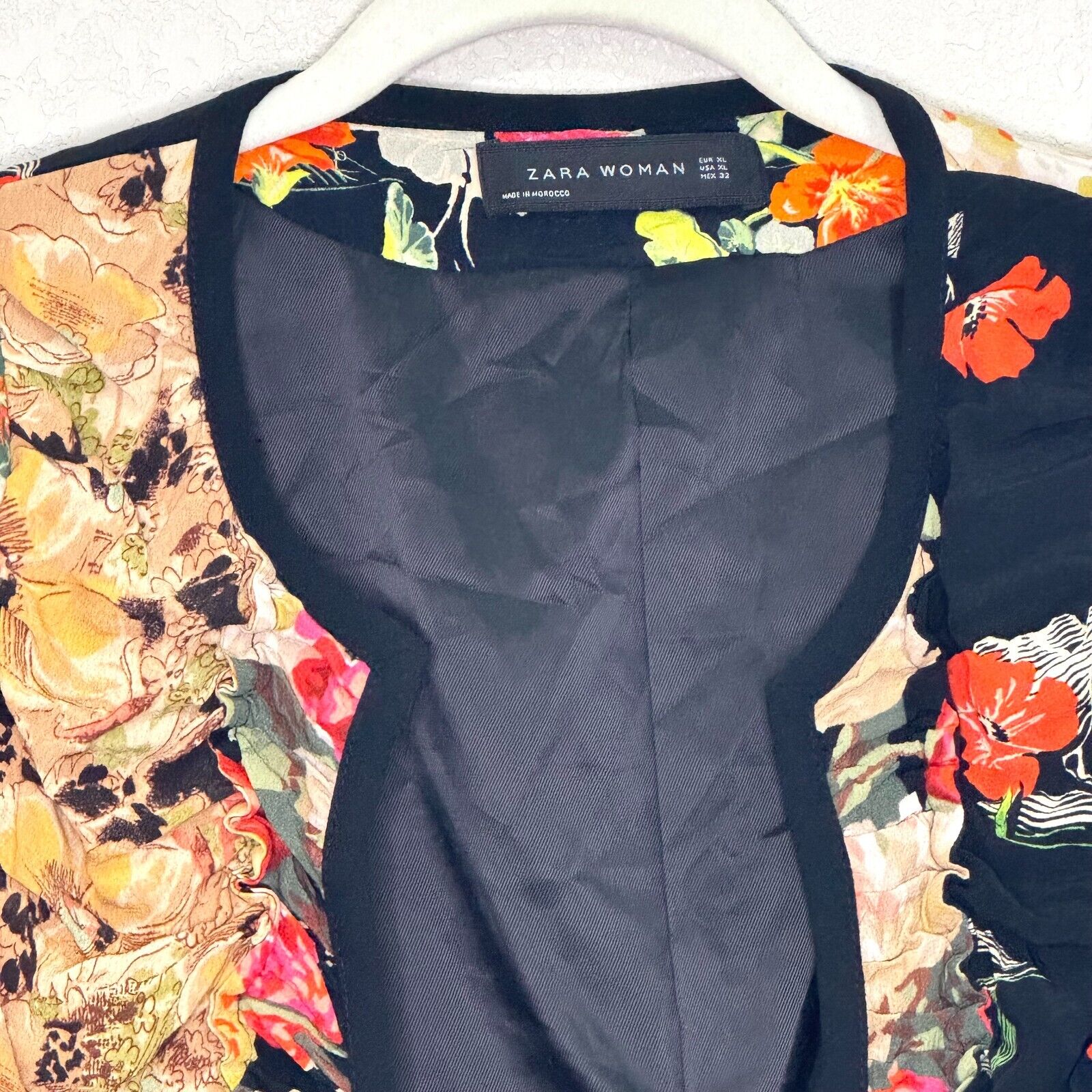 Zara Floral Ruched Black Red Gathered Floral Patchwork Jacket XL