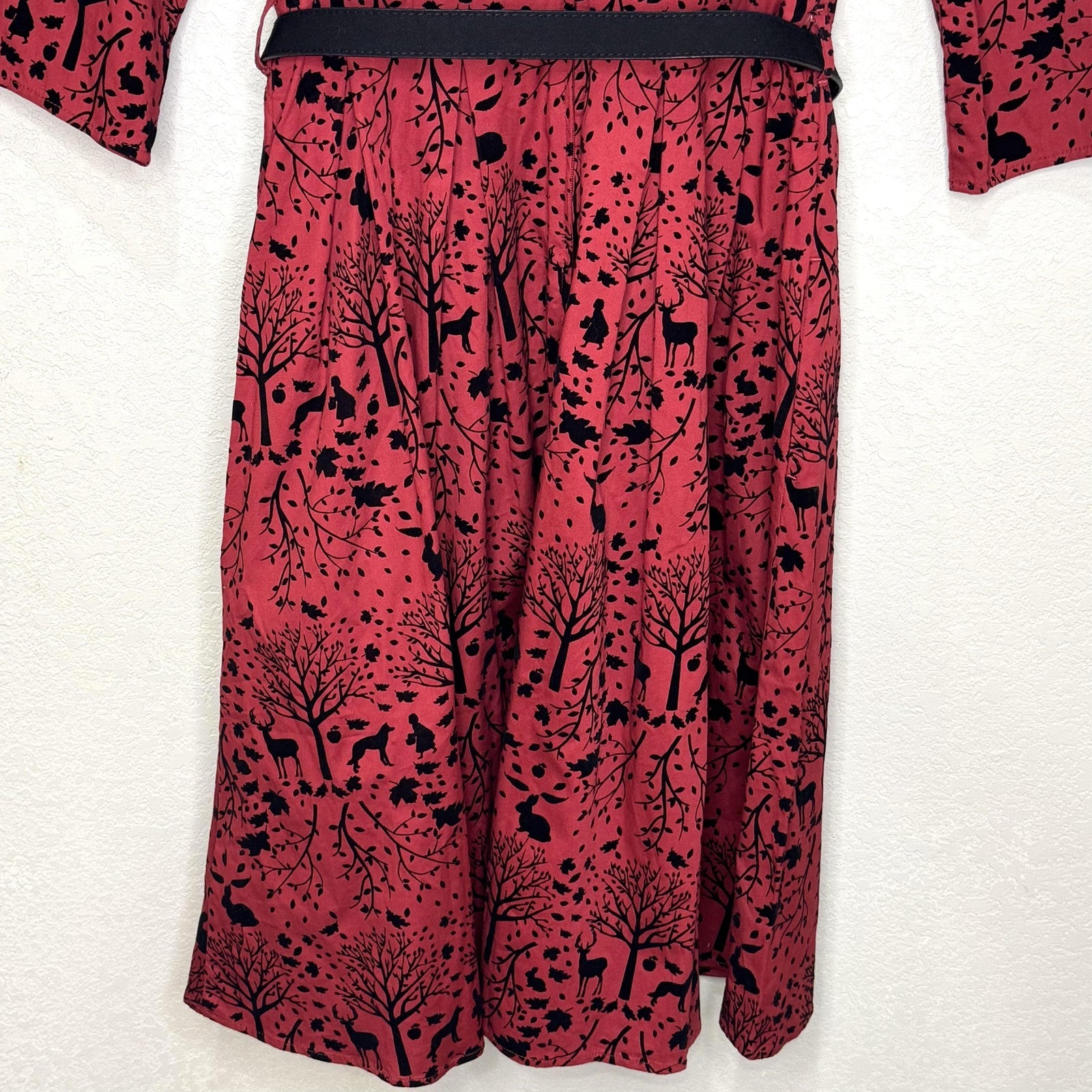 Hell Bunny Vixen Dress Medium Red Riding Hood Forest Print Pockets Belted Retro