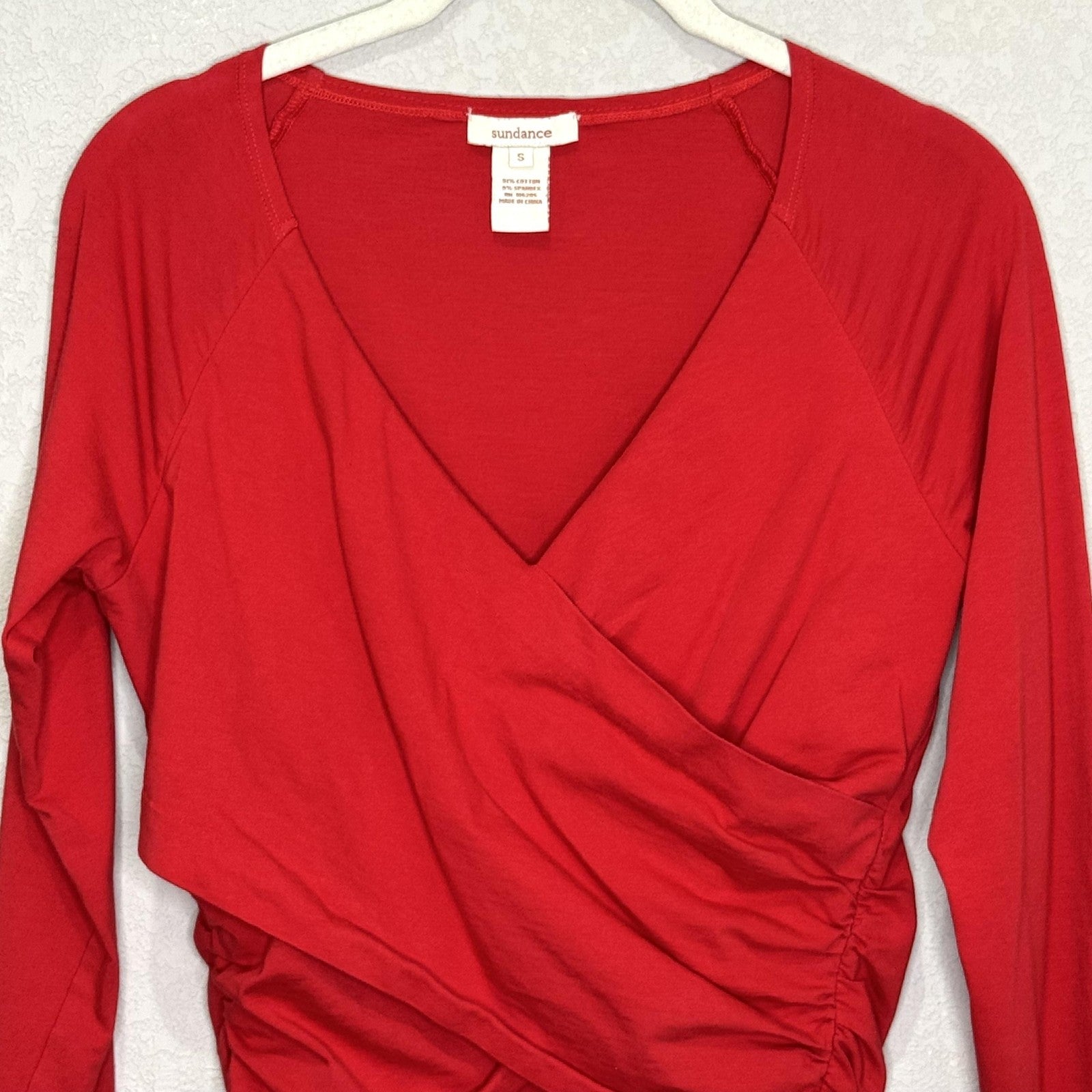 Sundance Dress Womens Small Red Long Sleeve Ruched Surplice Wrap Style Party