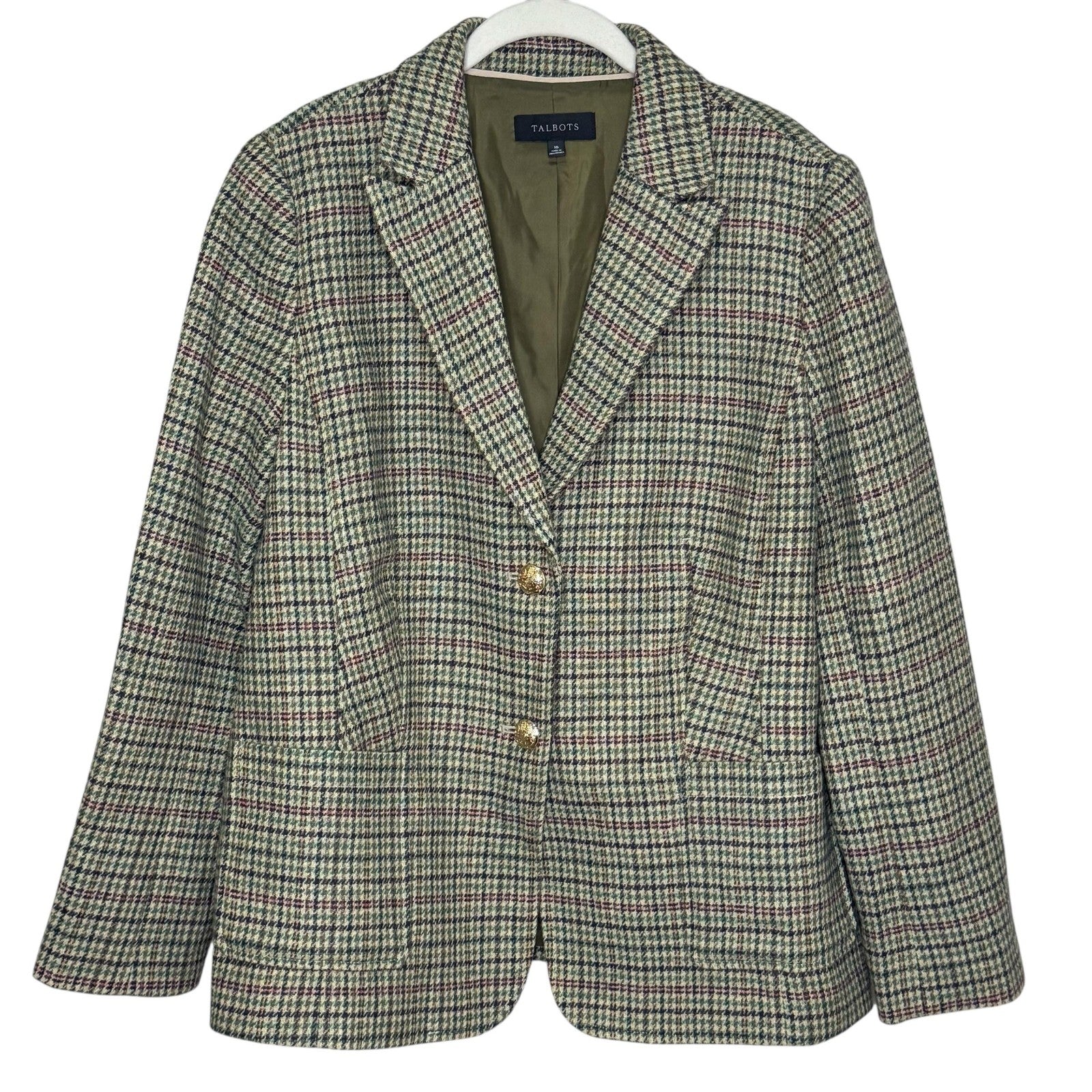 Talbots Blazer Womens 16 Houndstooth Wool Blend Tweed Two Button Gold Crest