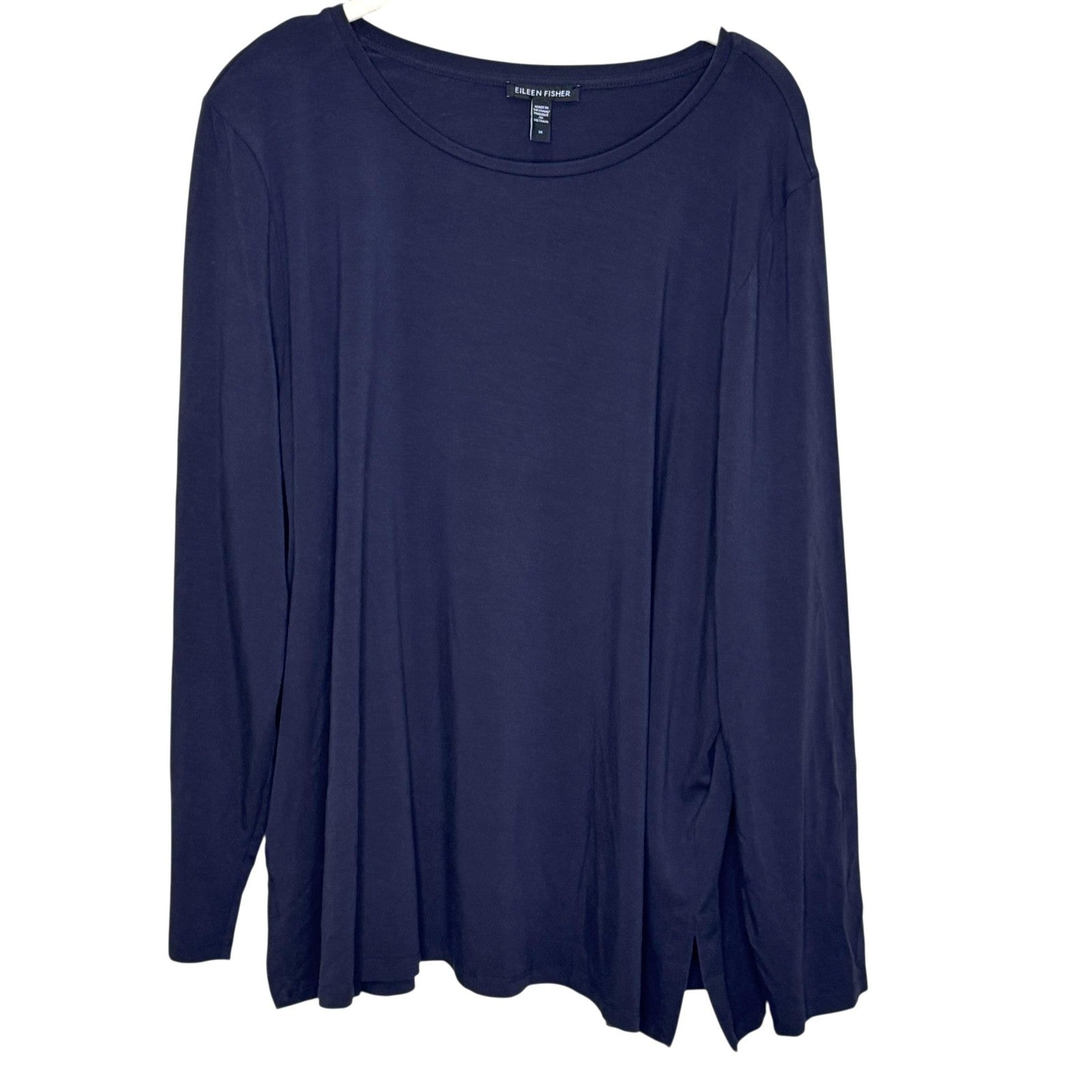 Eileen Fisher Shirt Womens 1X Blue Long Sleeve Tencel Lyocell Stretch Side Slit
