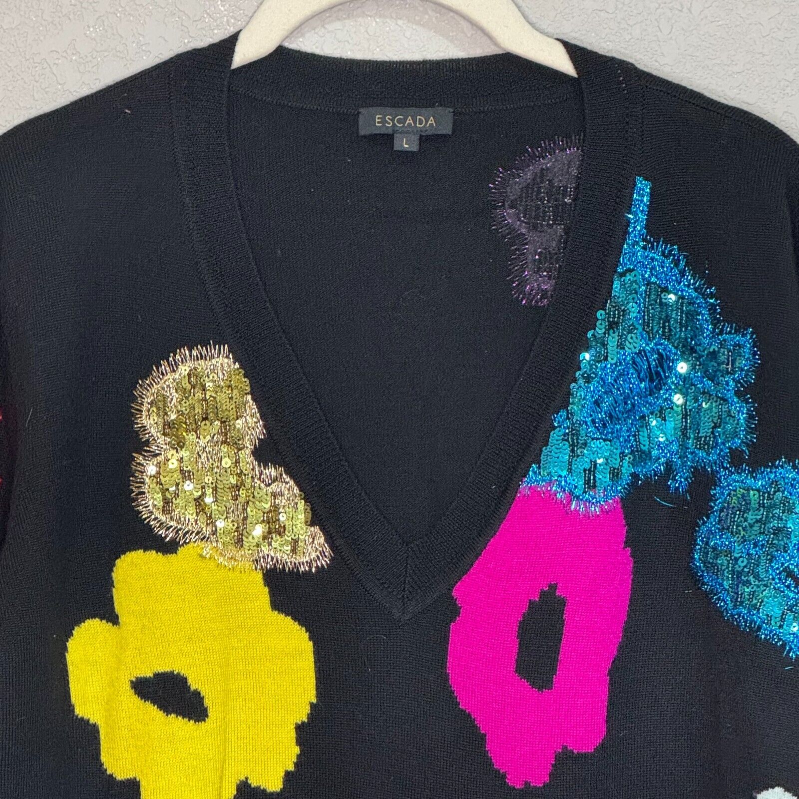 Escada Black V Neck Sweater Bright Sequin Flowers Size Large