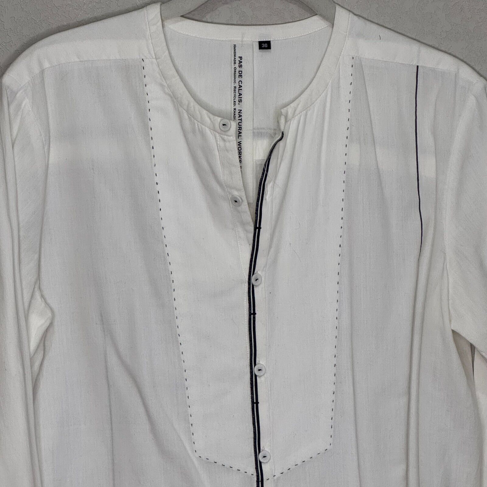 Pas De Calais White Top Size 4 (FR 36) w Black Stitch Organic Handmade