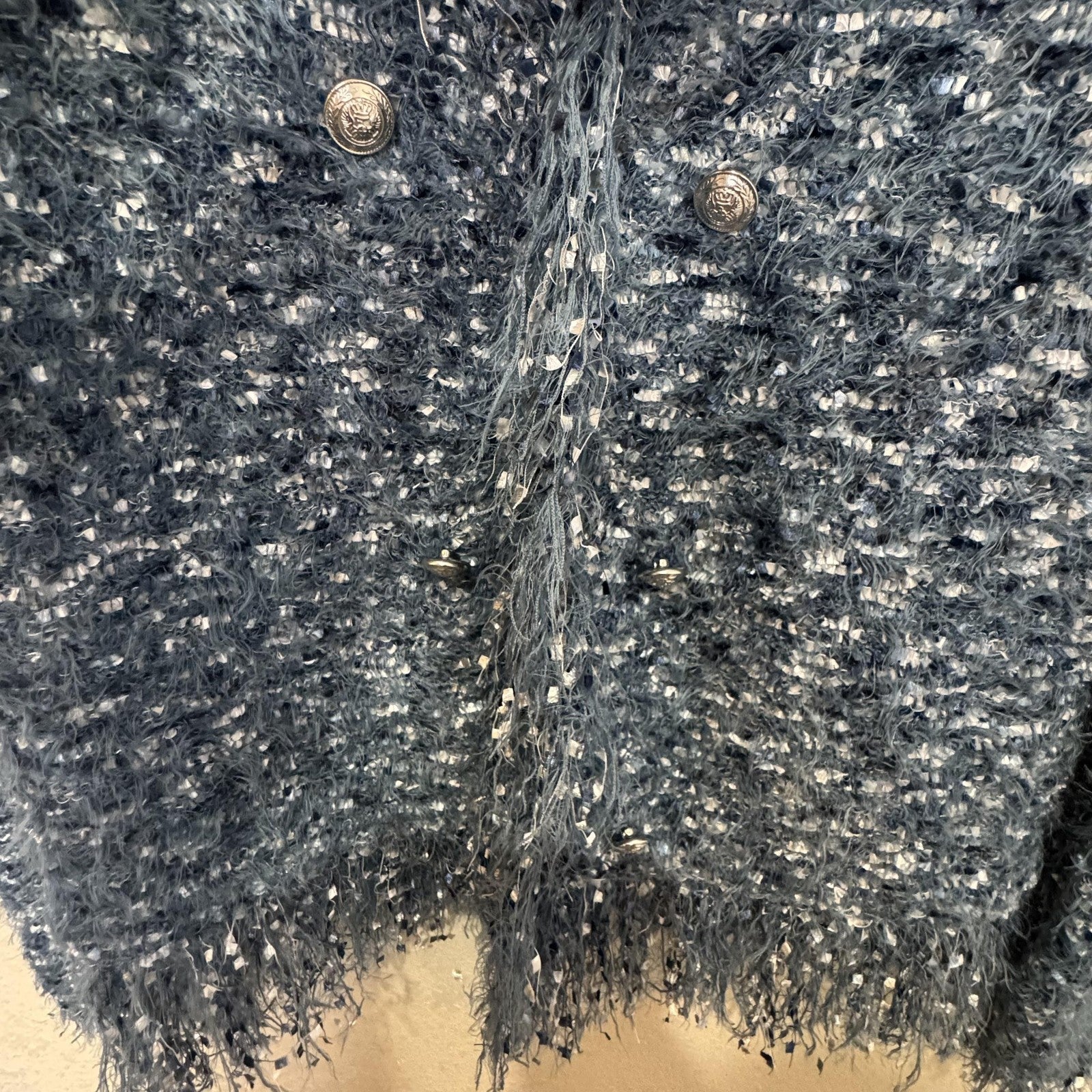L'AGENCE Sweater Womens Large Blue Boucle Fringe Open Cardigan Jacket S8861NLQ