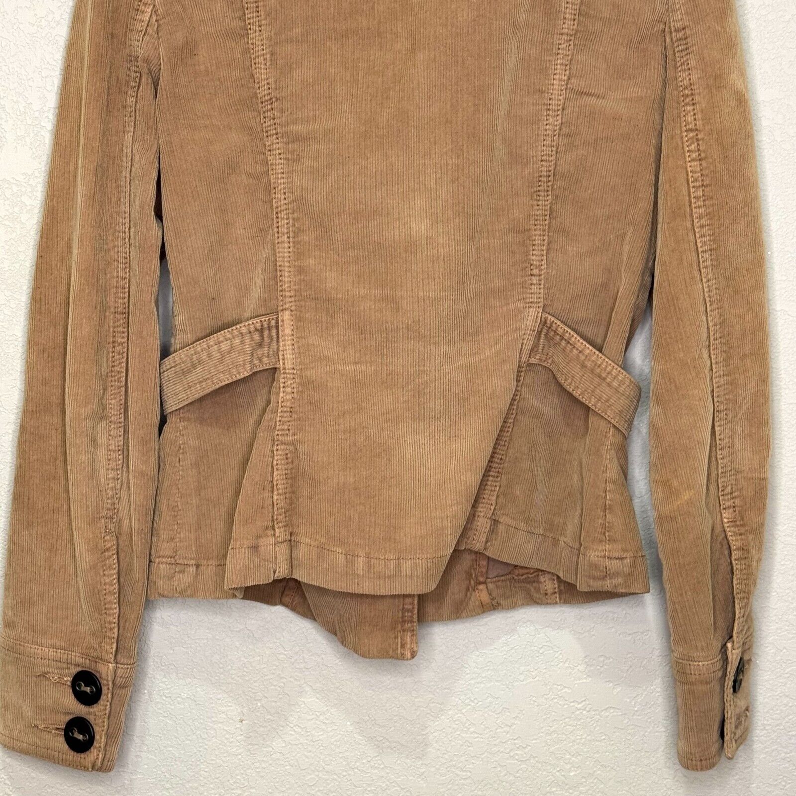 Hudson Jeans Corduroy Jacket Size Medium Tan Ruffle Collar Double Breasted