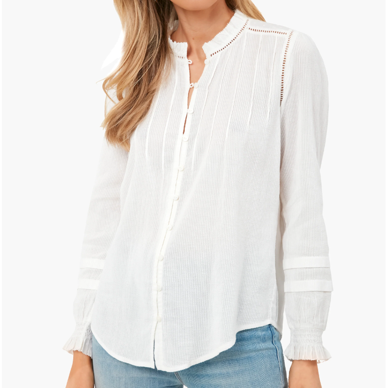 Faherty NEW Willa White Striped Long Sleeve Button Front Blouse Top Size Small