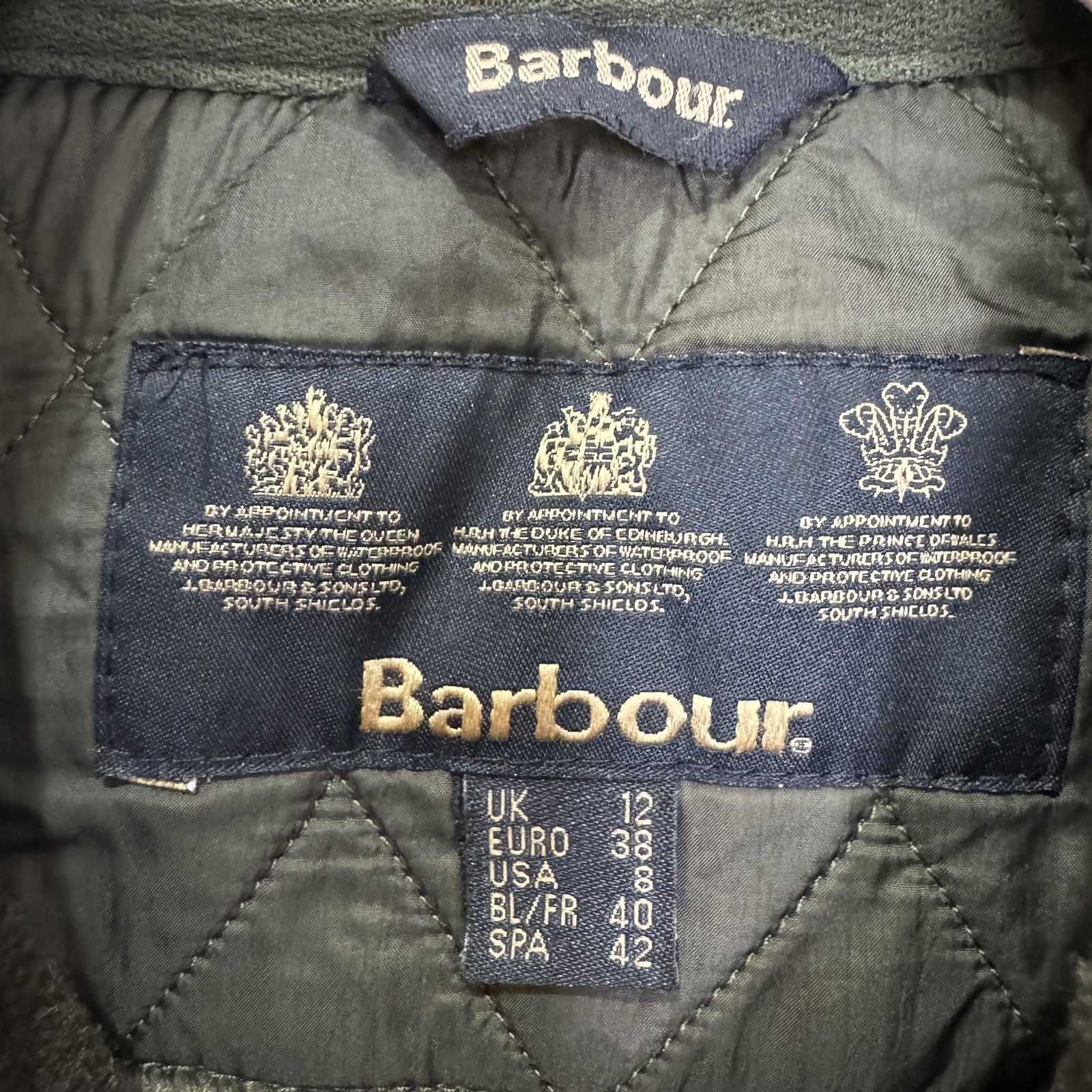 Barbour Quilted Jacket Womens 8 Olive Green Polarquilt Utility 4 Pocket Zip Snap
