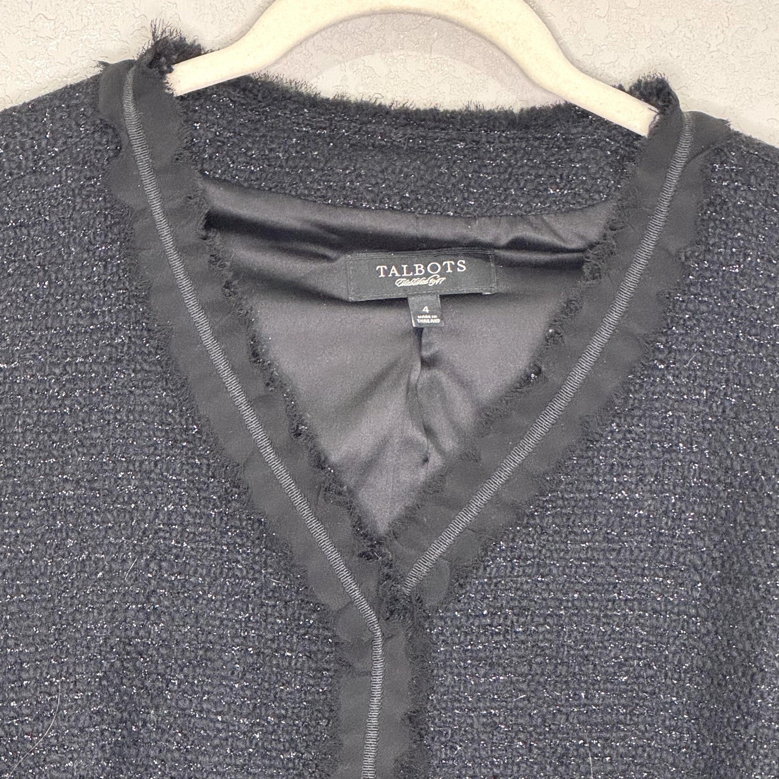 Talbots Jacket Womens 4 Black Wool Blend Tweed Pearl Button Blazer Elegant Trim
