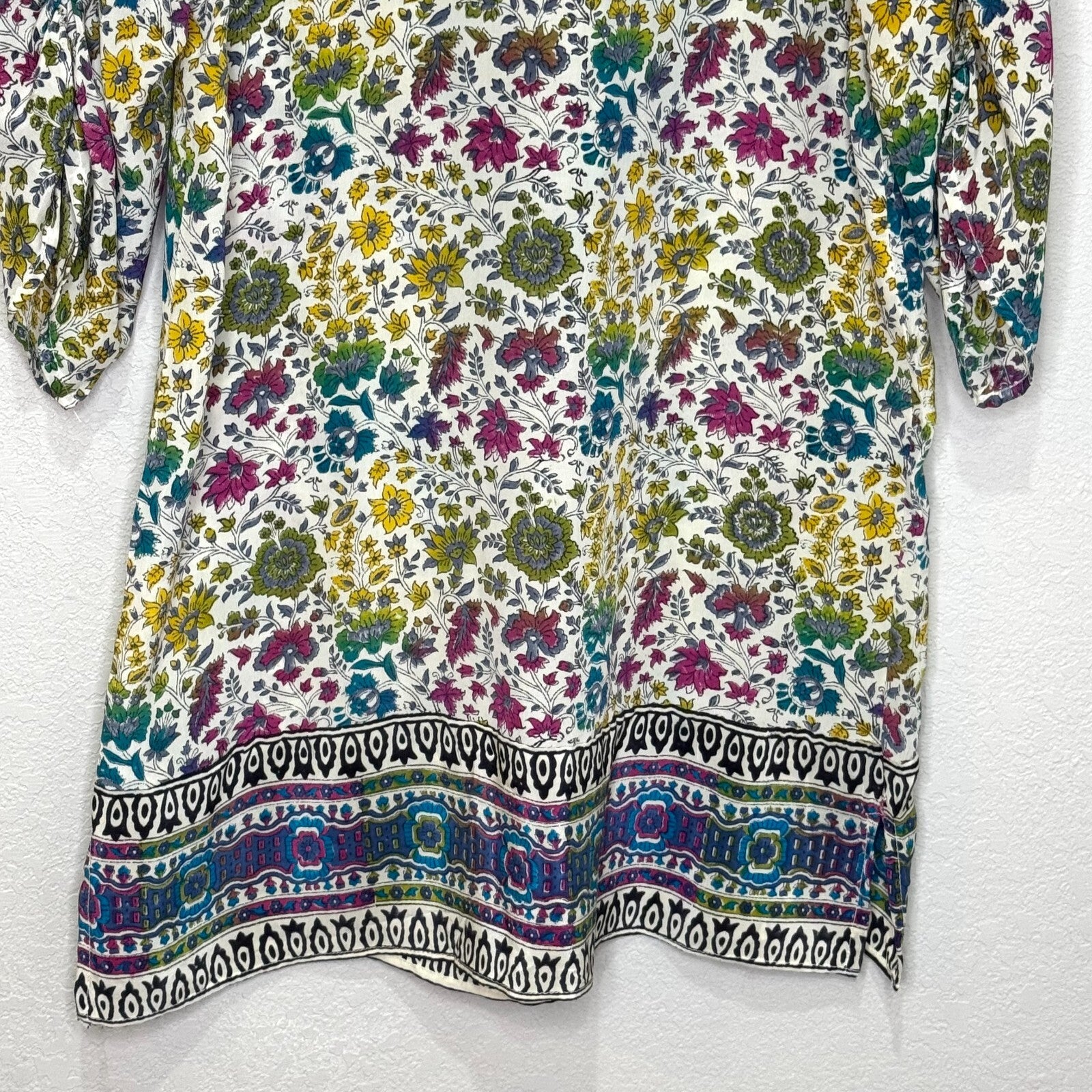 Tolani Silk Printed Madison Dress Tunic Top Size Small Boho Tassels V Neck