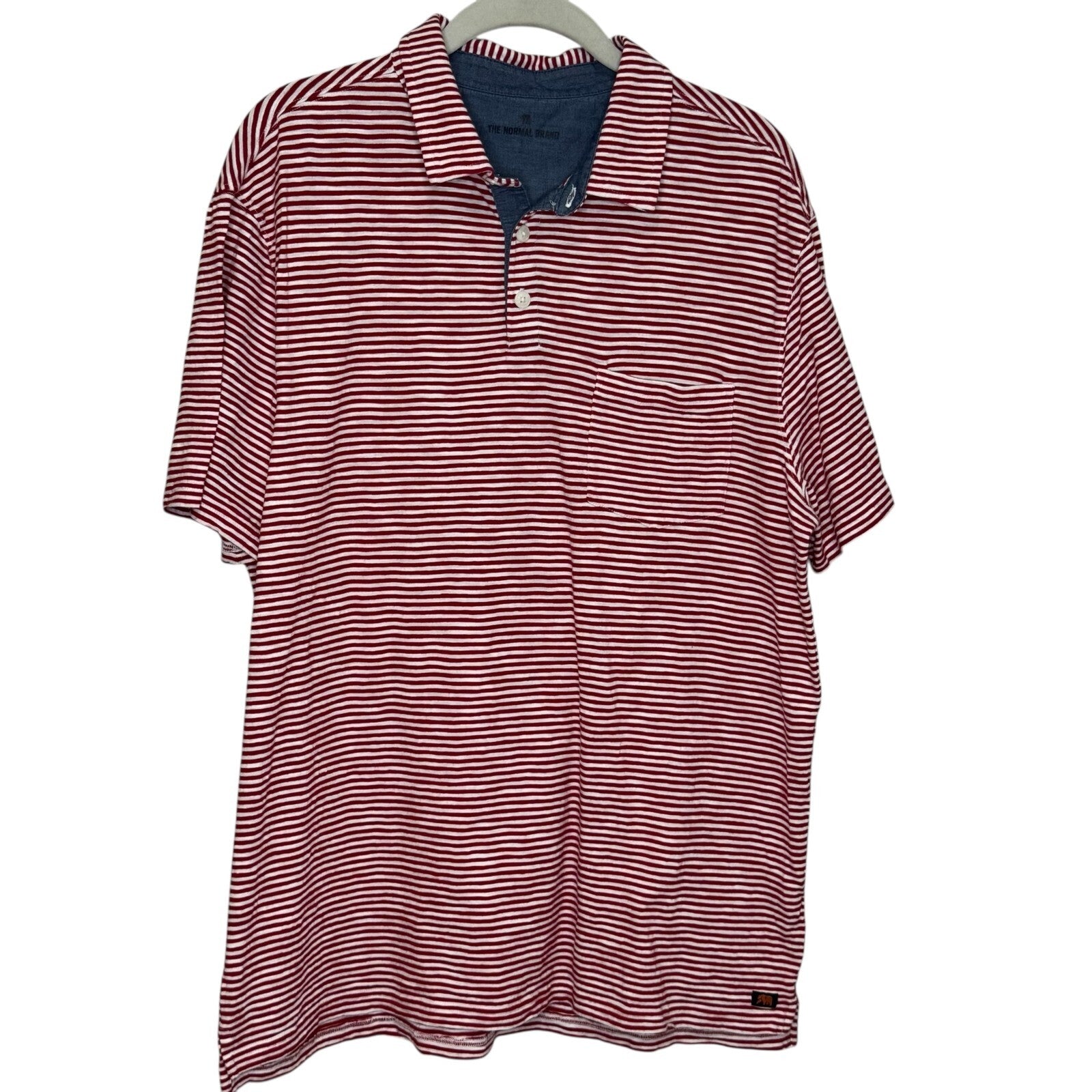 The Normal Brand Mens Red White Striped Polo Shirt Top Size Large