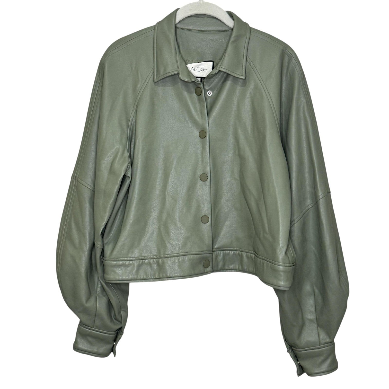 Alexis Jacket Womens Medium Sage Faux Leather Cropped Snap Front Puff Sleeves