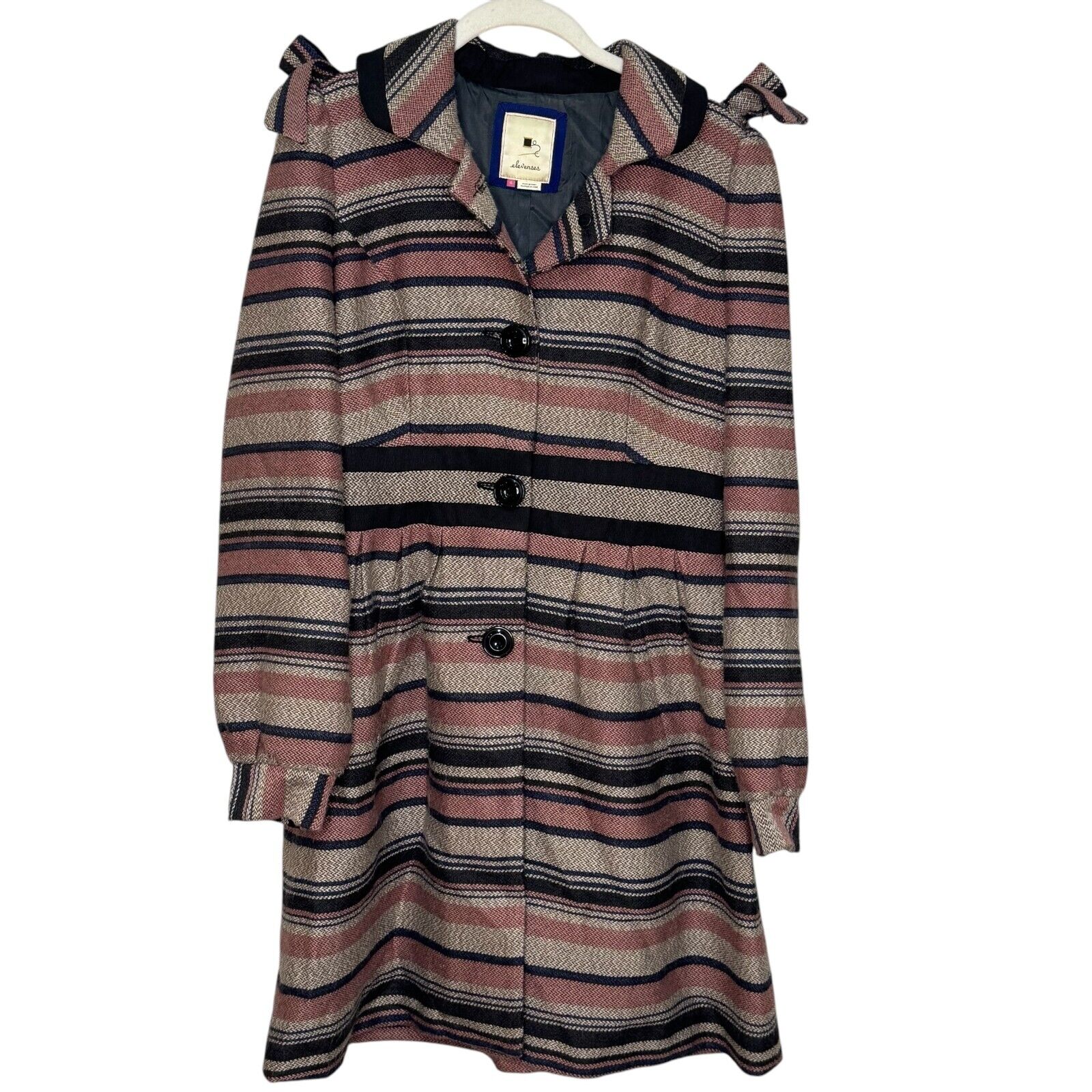 Anthropologie Elevenses Coat Size 6 Striped Wool Blend Shoulder Bows Lined