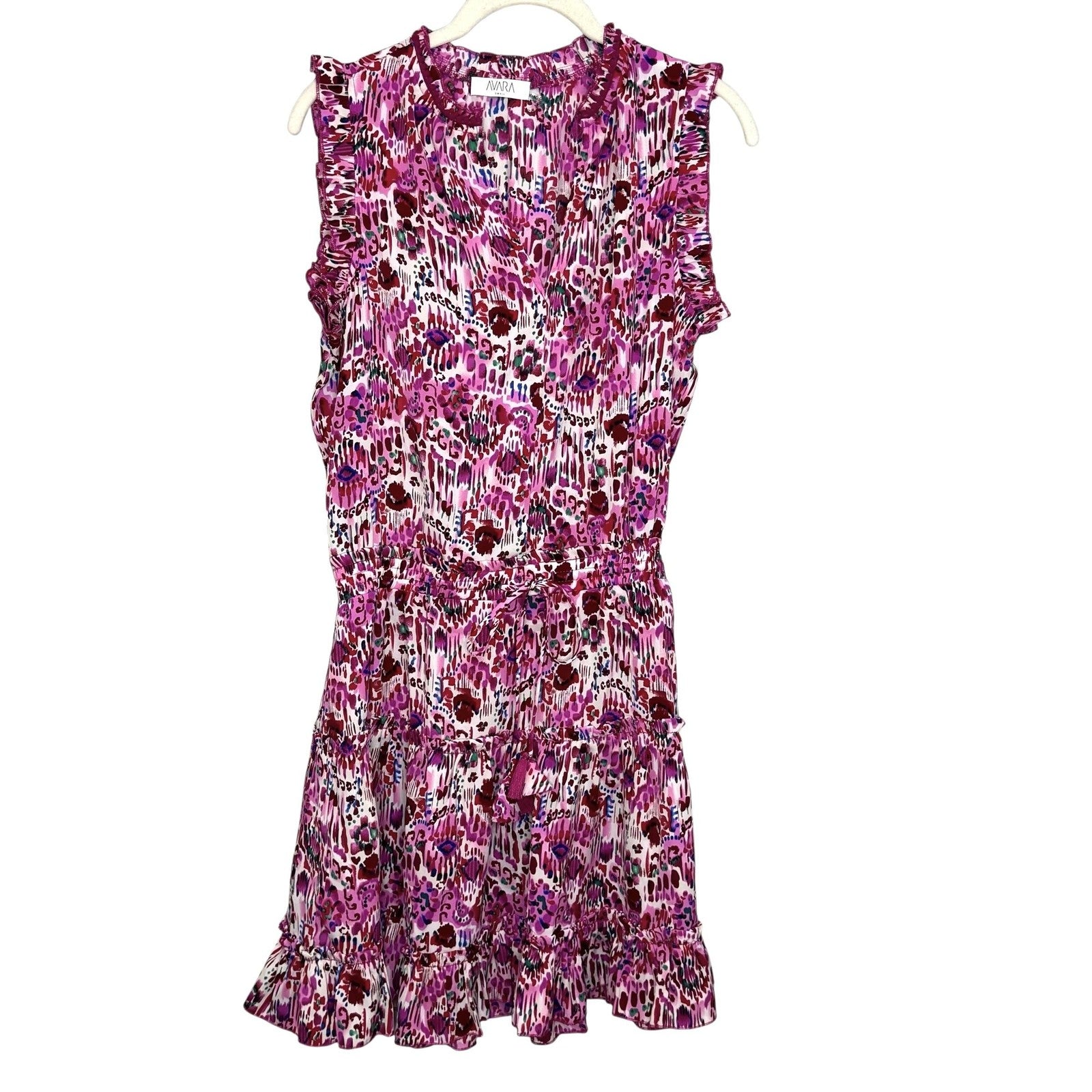 Avara Dress Womens Small Pink Purple Floral Ruffle Sleeveless Belted Tiered Boho