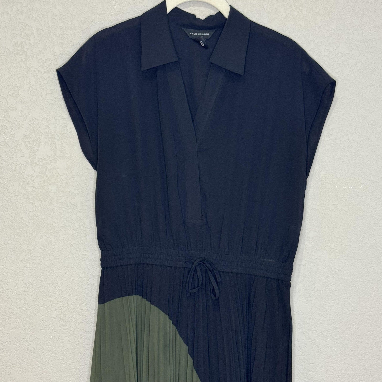 Club Monaco Shoanah Dress 2 Black Olive Pleated Colorblock Midi Shirt Collared